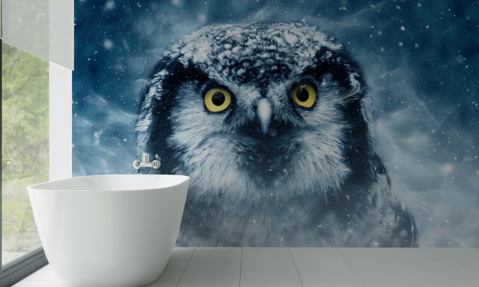 Fototapet iarna, o bufniță mare cu ochi aurii