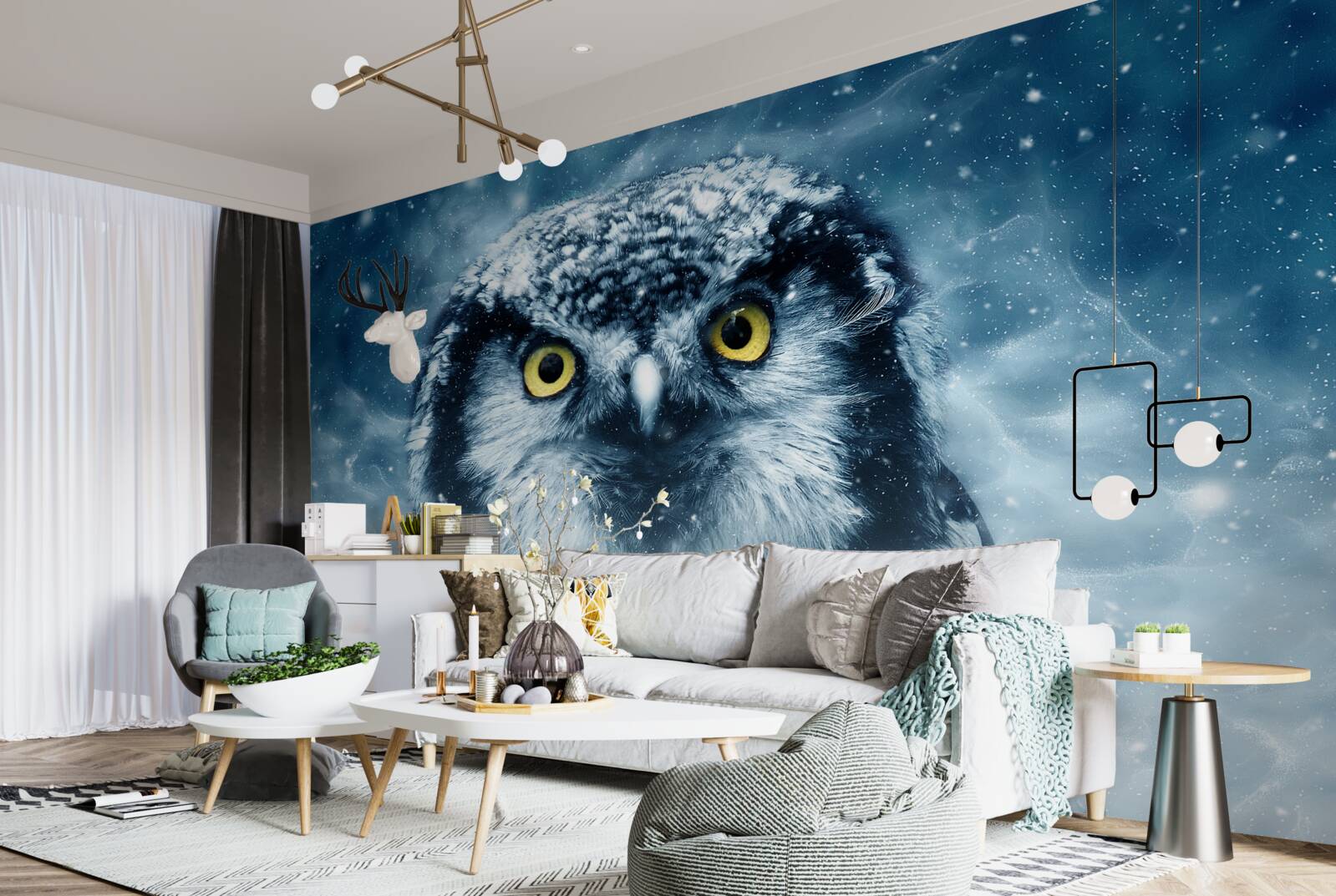 Fototapet iarna, o bufniță mare cu ochi aurii