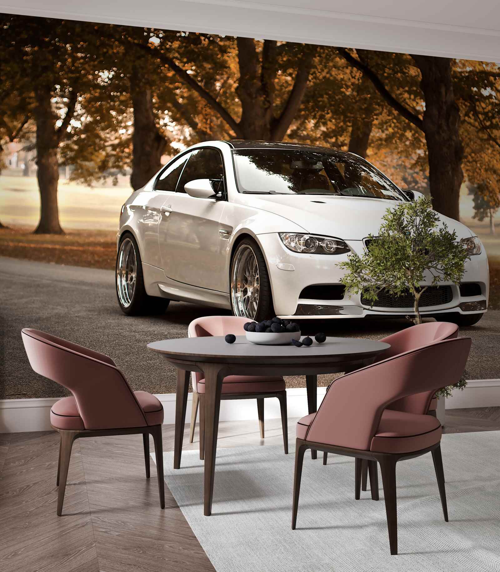 Fototapet un bmw alb conduce pe șosea în toamnă