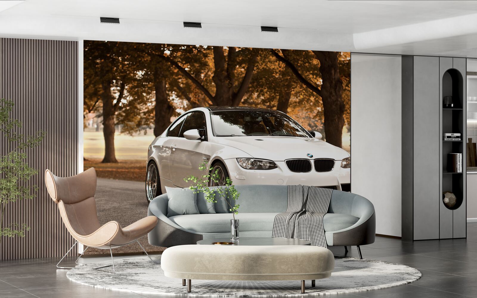 Fototapet un bmw alb conduce pe șosea în toamnă