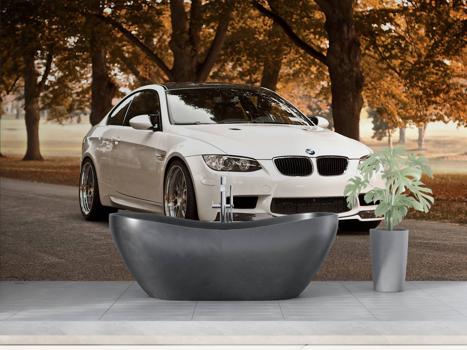 Fototapet un bmw alb conduce pe șosea în toamnă