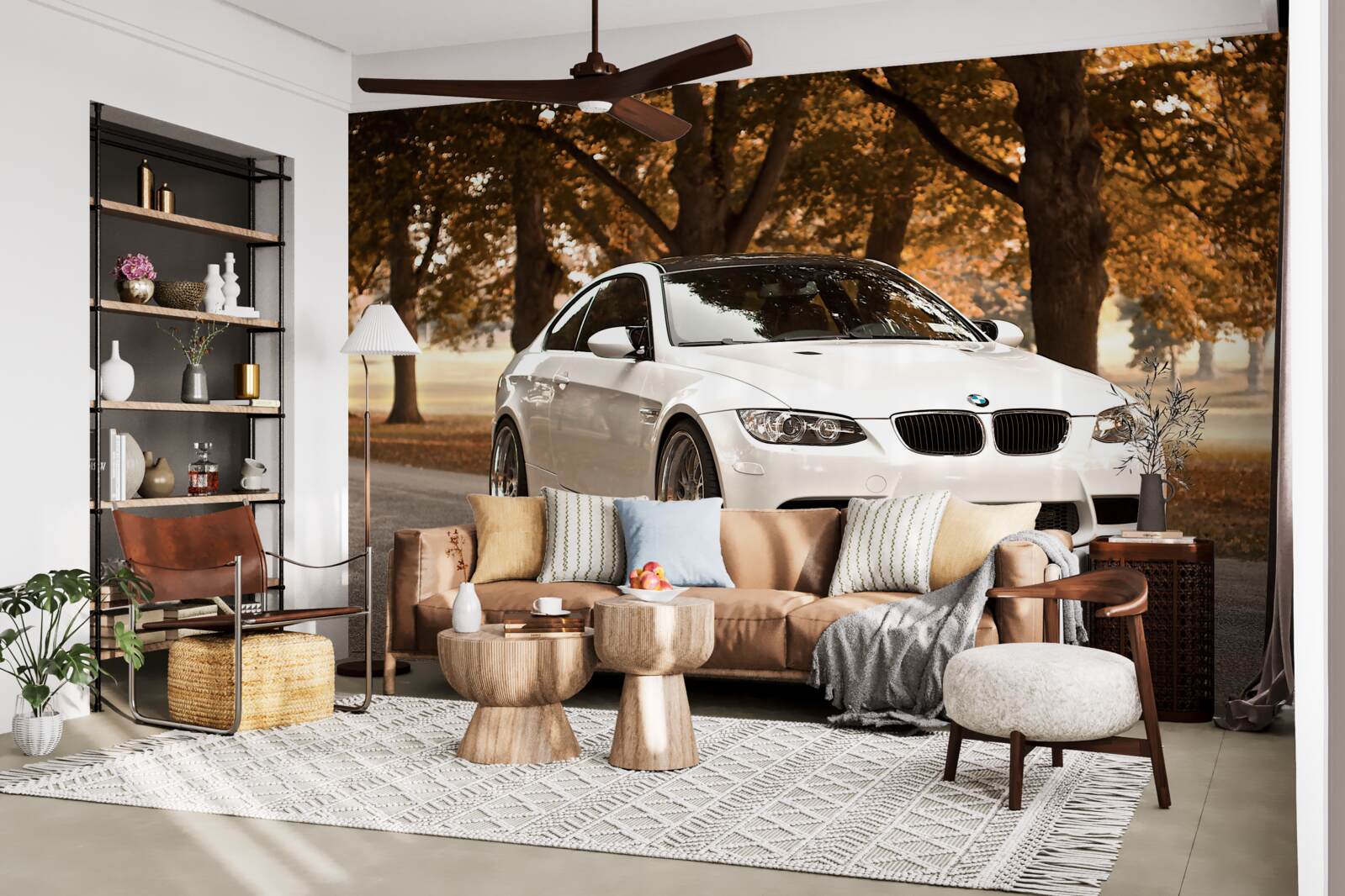 Fototapet un bmw alb conduce pe șosea în toamnă