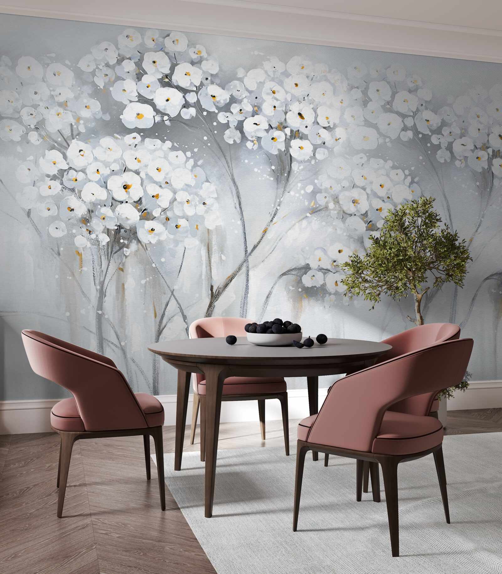 Fototapet copaci subțiri cu frunze înflorite de culoare deschisă