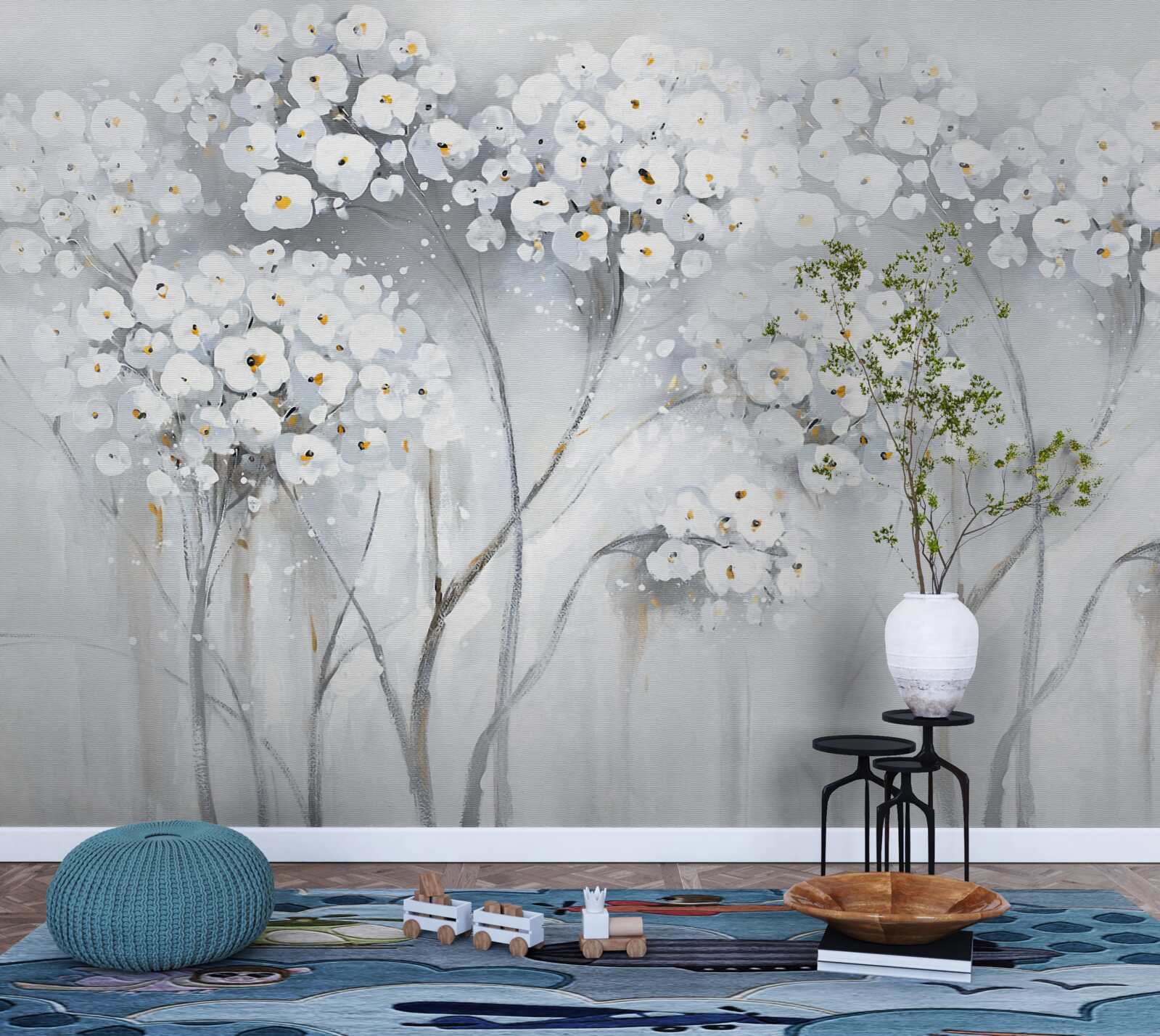 Fototapet copaci subțiri cu frunze înflorite de culoare deschisă