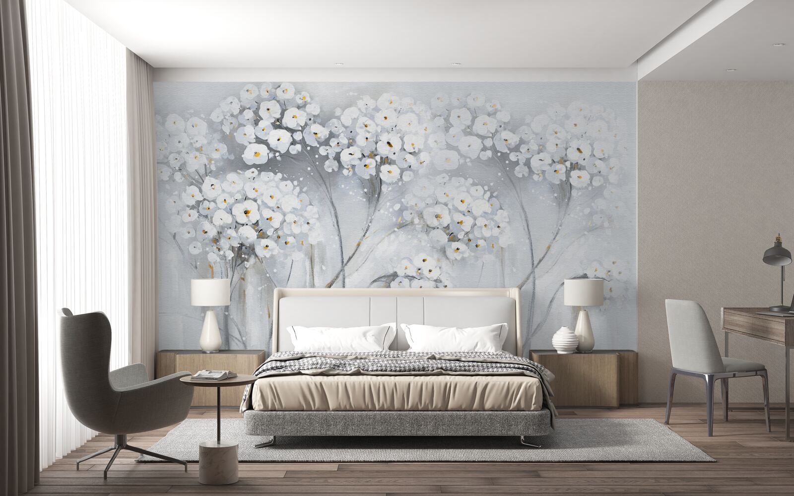 Fototapet copaci subțiri cu frunze înflorite de culoare deschisă