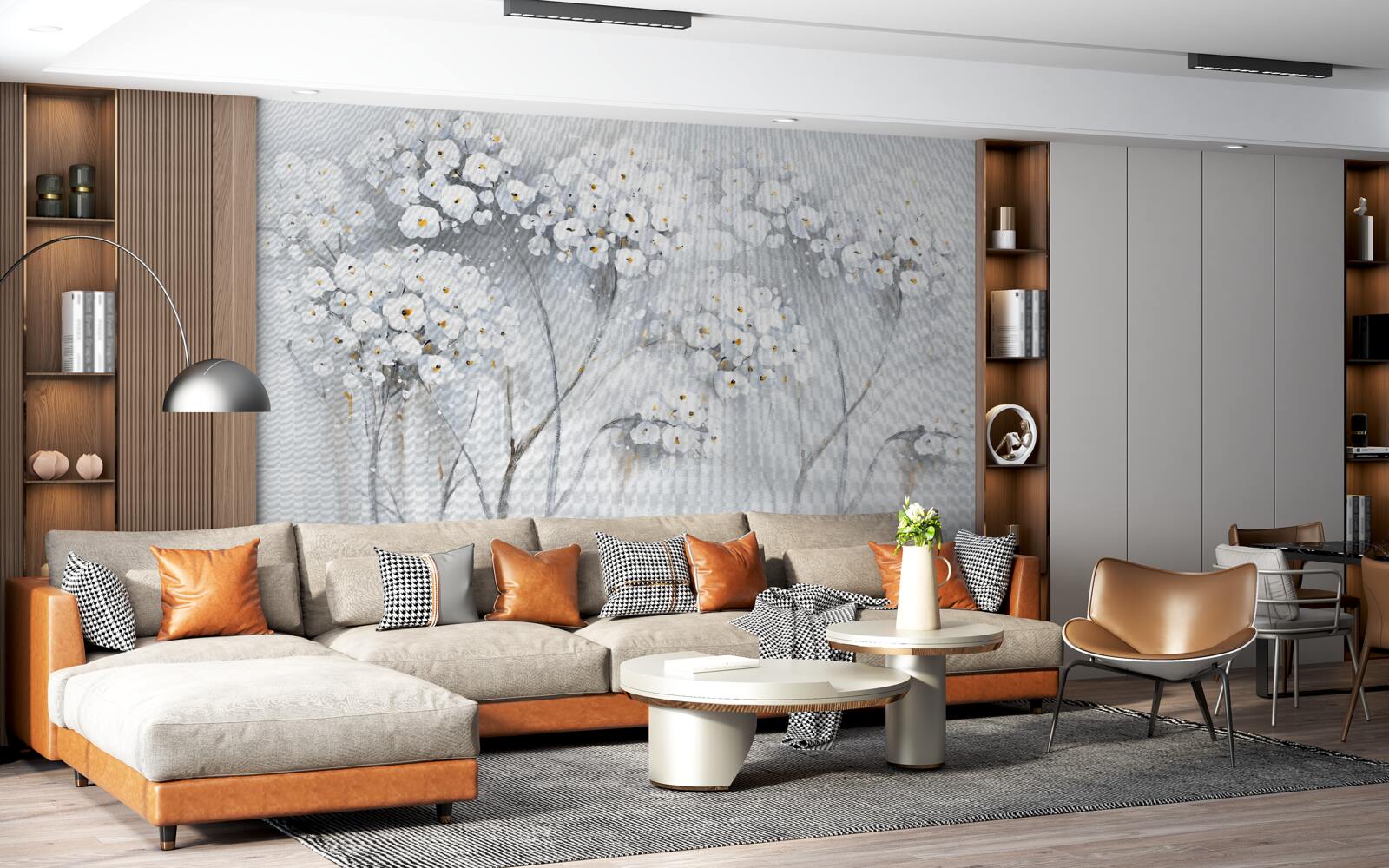 Fototapet copaci subțiri cu frunze înflorite de culoare deschisă