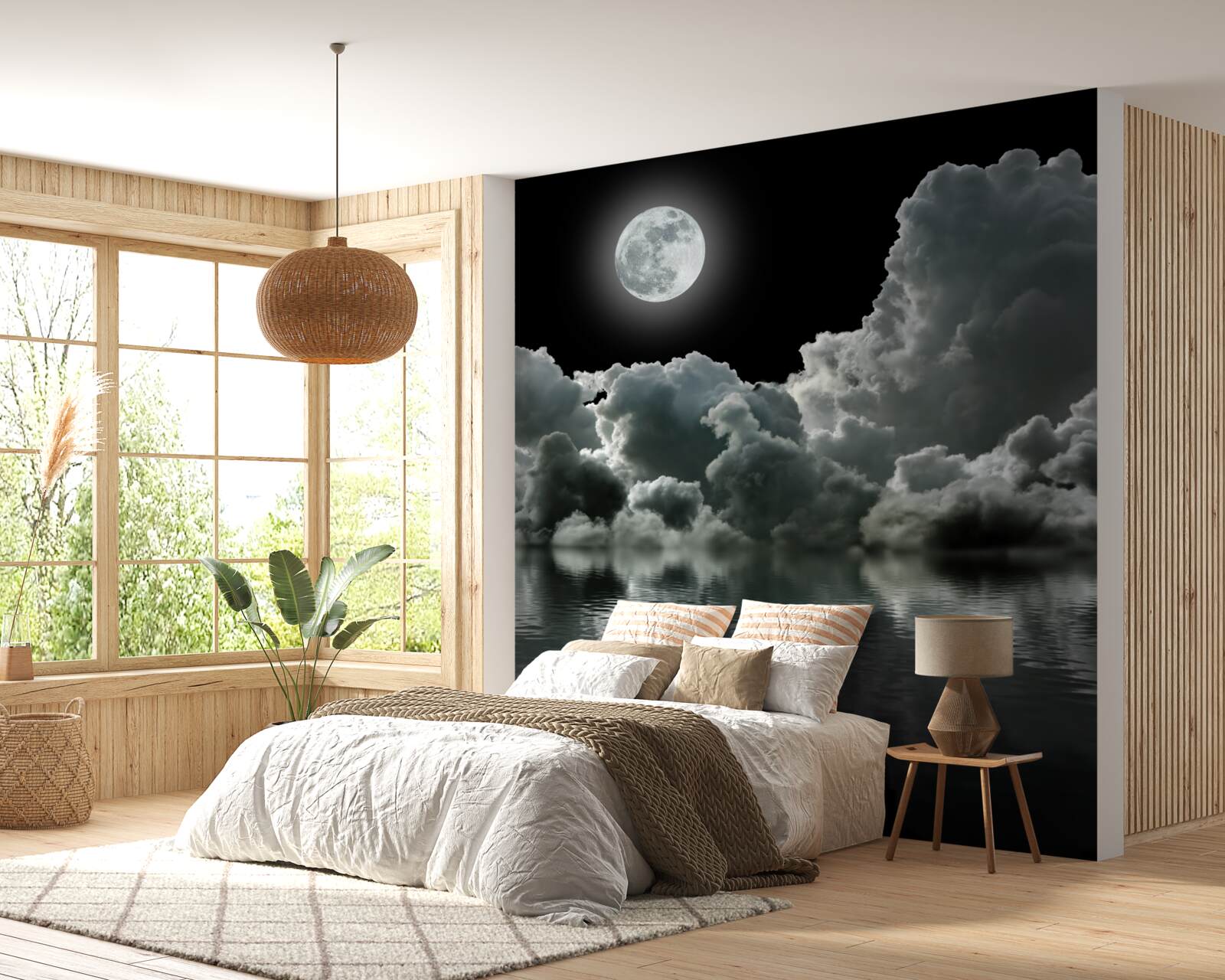 Fototapet luna în strălucirea ei deplină se reflectă în apă printre nori