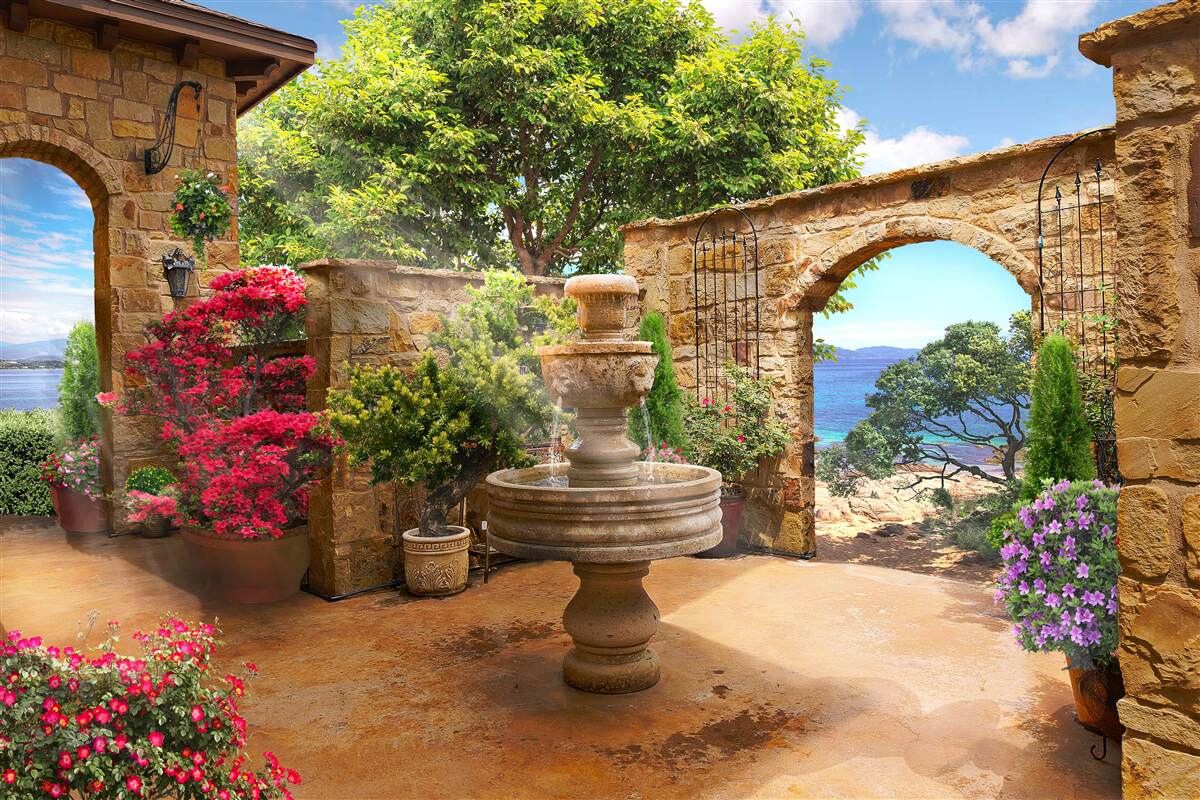 Fototapet curte liniștită și verde cu fântâni și straturi de flori