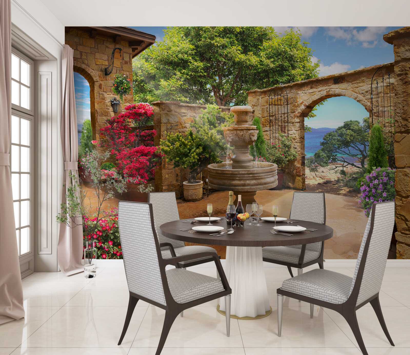 Fototapet curte liniștită și verde cu fântâni și straturi de flori