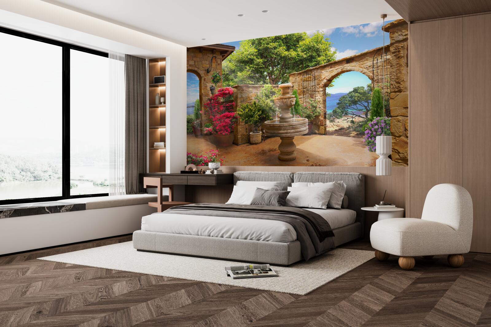 Fototapet curte liniștită și verde cu fântâni și straturi de flori