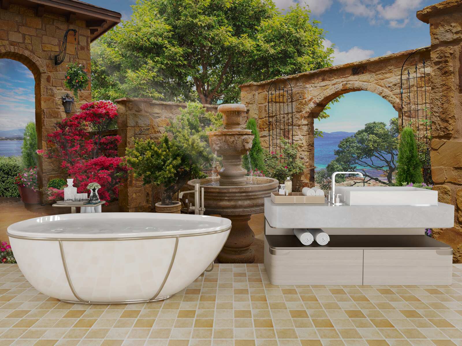 Fototapet curte liniștită și verde cu fântâni și straturi de flori