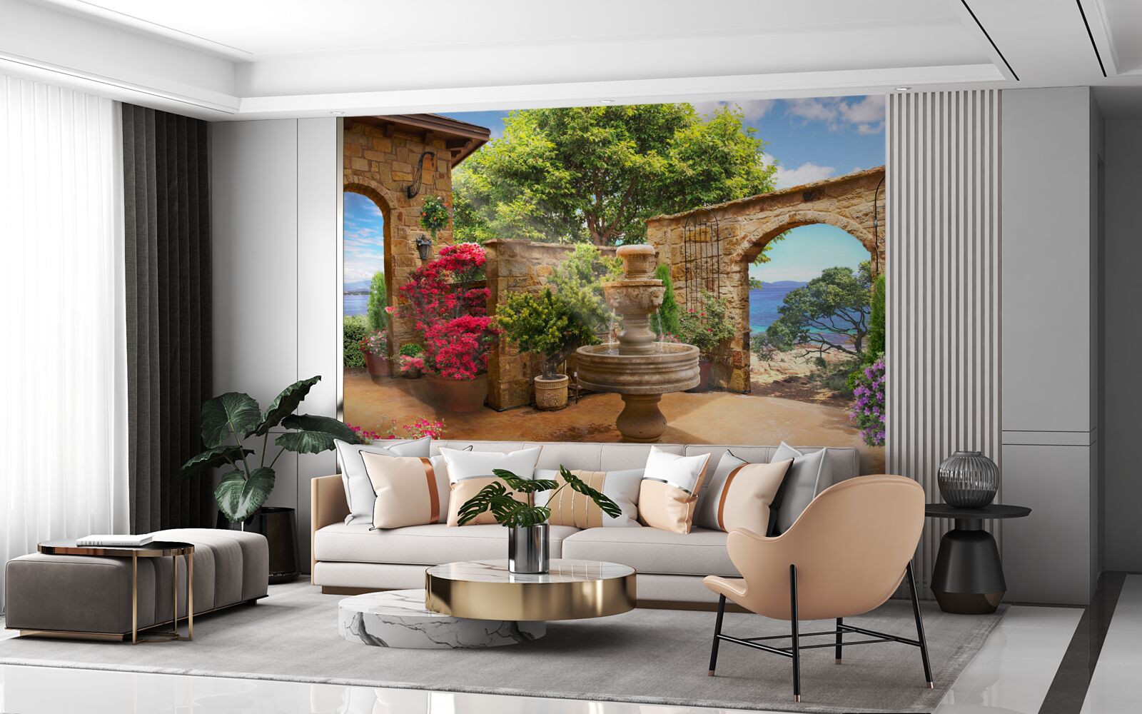 Fototapet curte liniștită și verde cu fântâni și straturi de flori