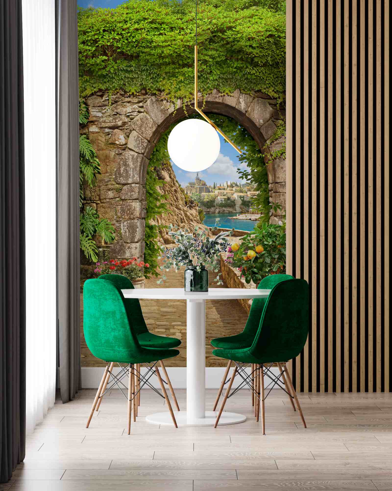 Fototapet arc de piatră vechi împletit cu verdeață