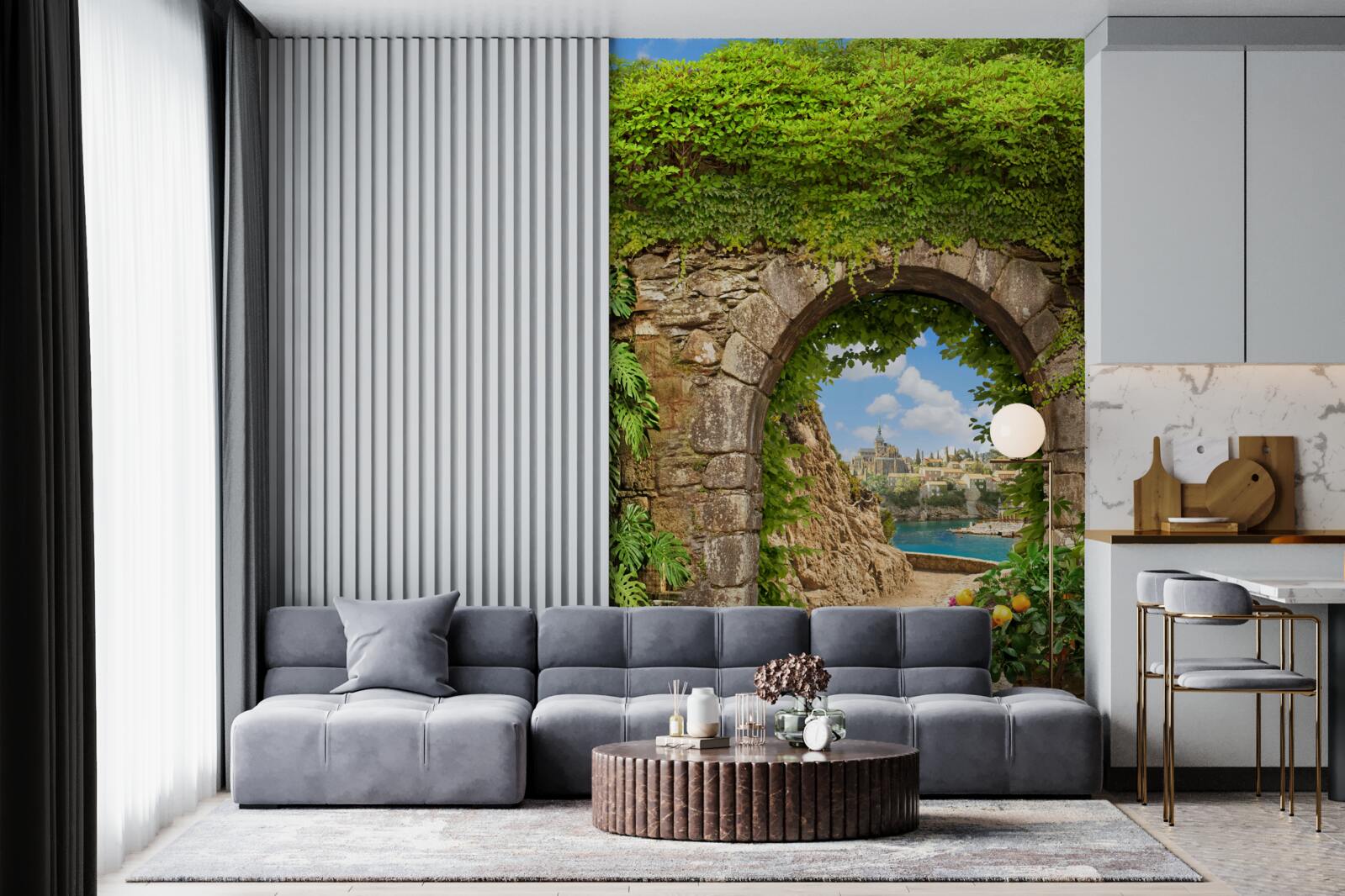 Fototapet arc de piatră vechi împletit cu verdeață