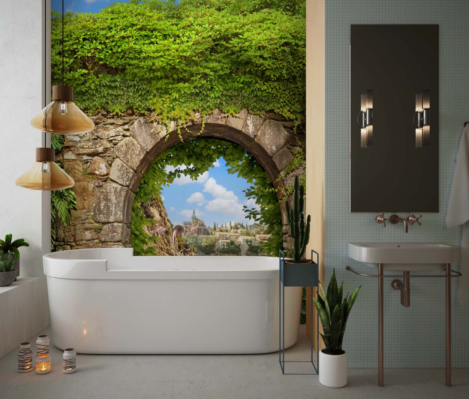 Fototapet arc de piatră vechi împletit cu verdeață