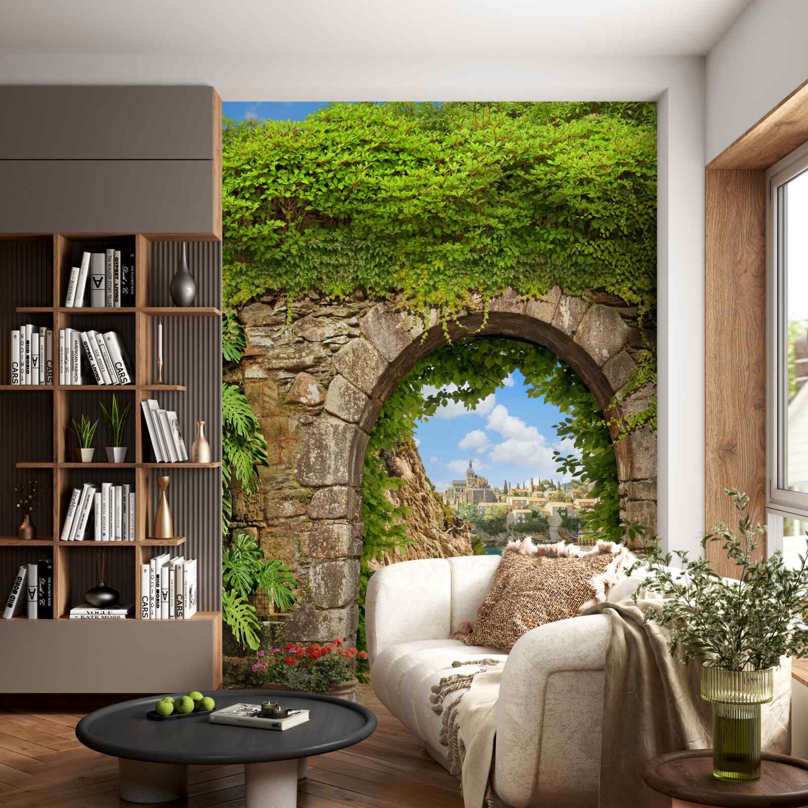 Fototapet arc de piatră vechi împletit cu verdeață