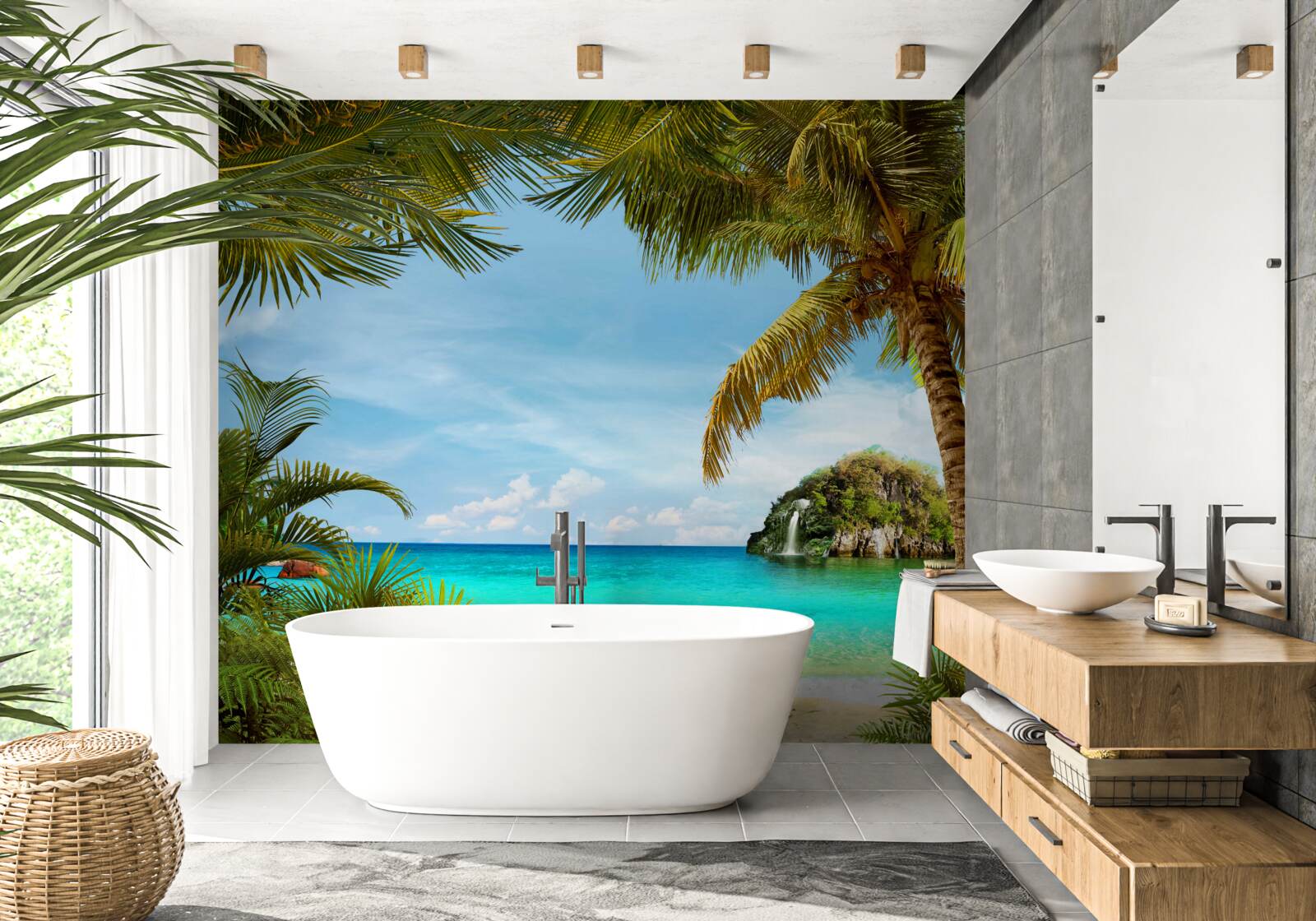 Fototapet ape de mare turcoaz și plajă la tropice