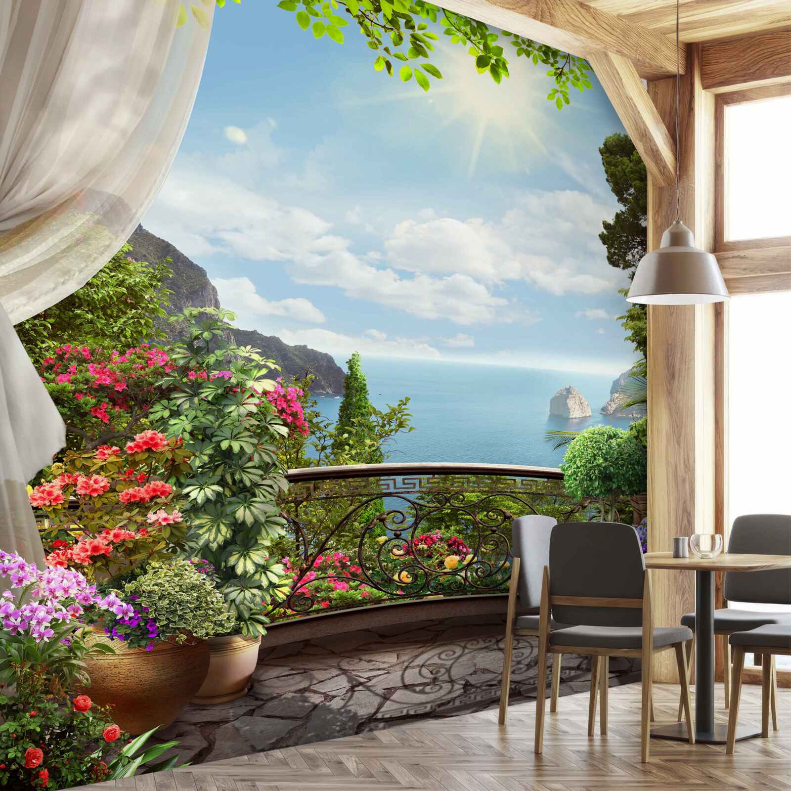 Fototapet de la balcon puteți vedea oceanul care se întinde până la orizont și stâncile abrupte