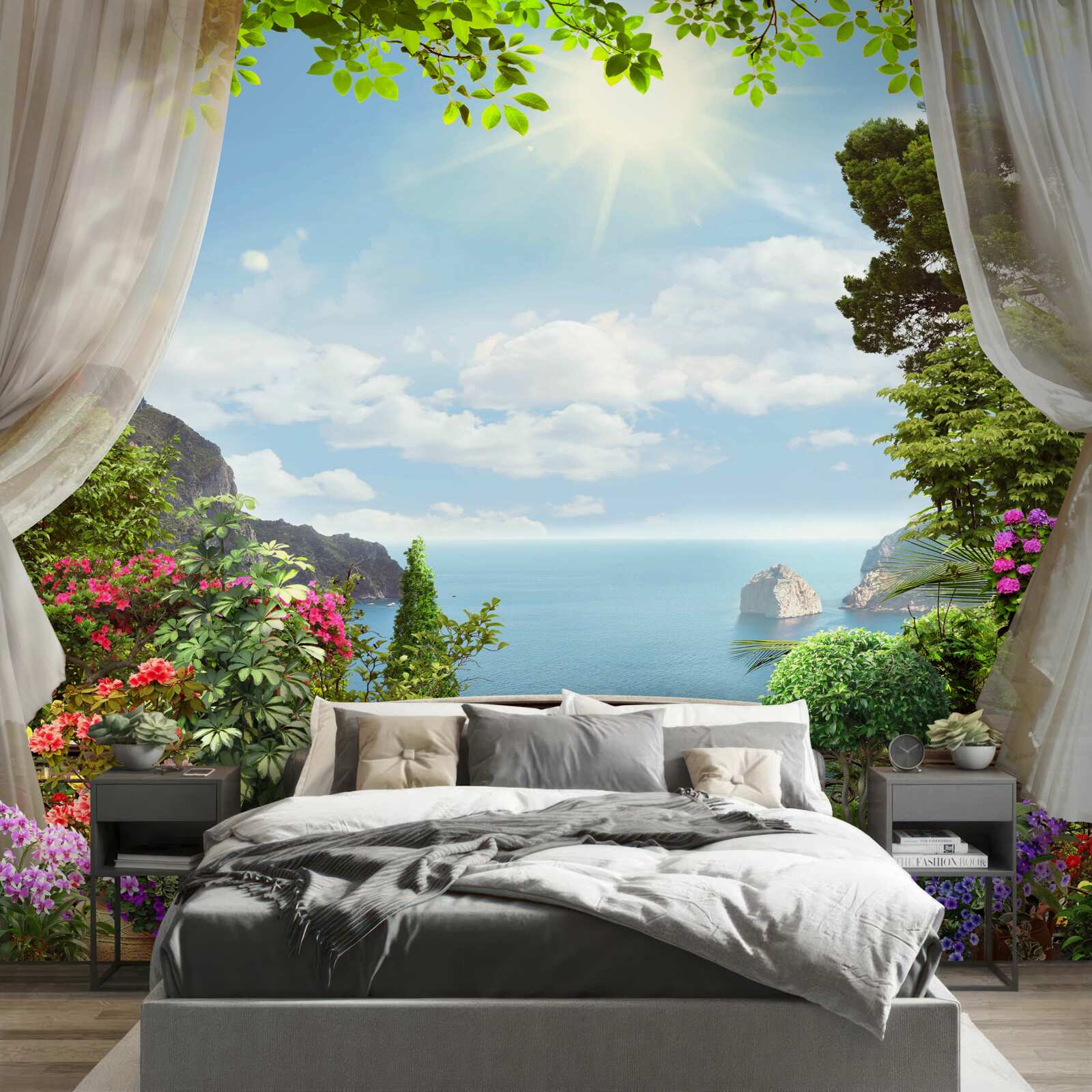 Fototapet de la balcon puteți vedea oceanul care se întinde până la orizont și stâncile abrupte