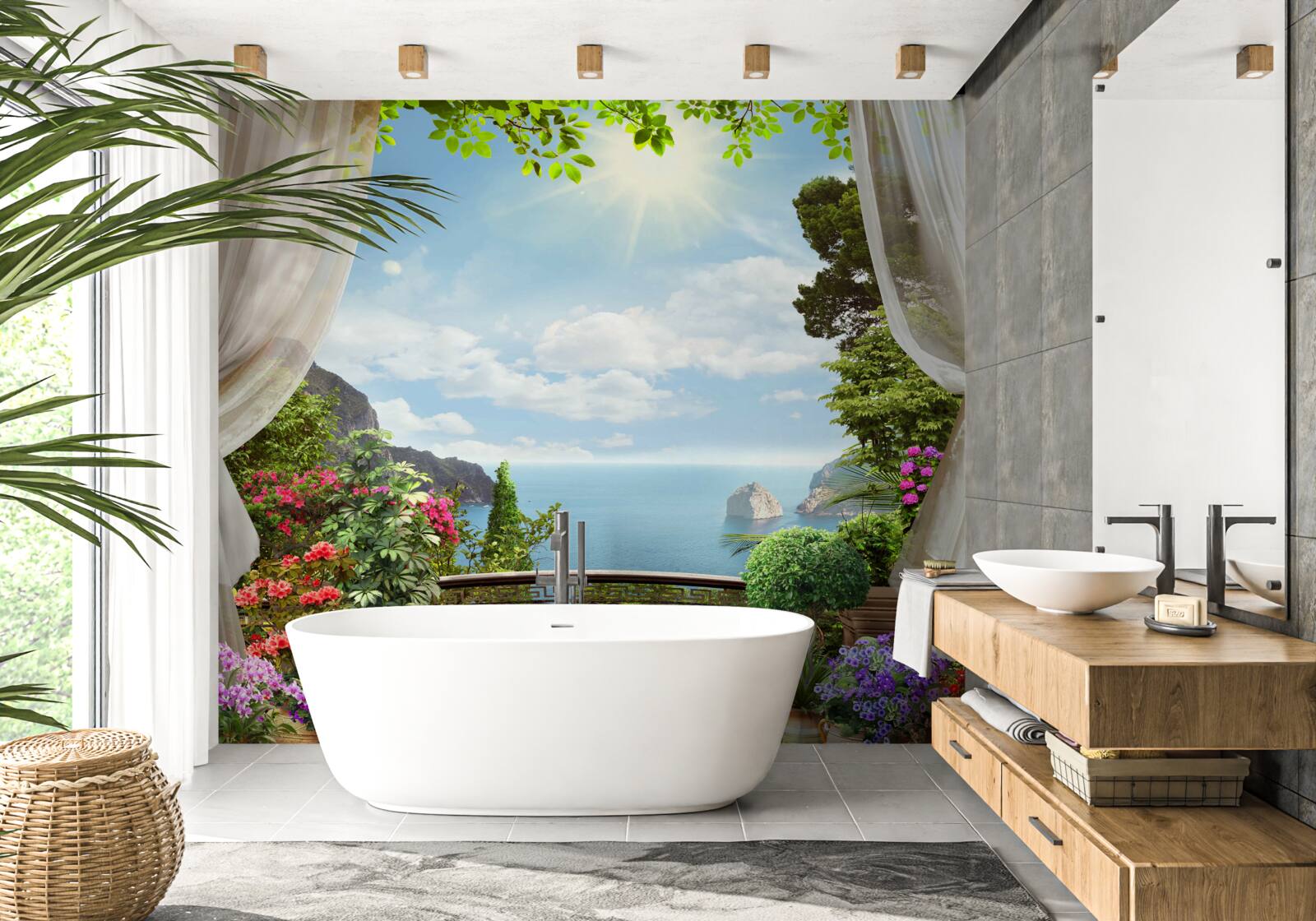 Fototapet de la balcon puteți vedea oceanul care se întinde până la orizont și stâncile abrupte