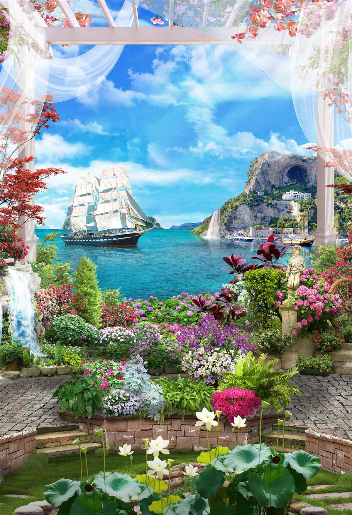 Fototapet din balcon puteți vedea o barcă cu pânze ancorată în port