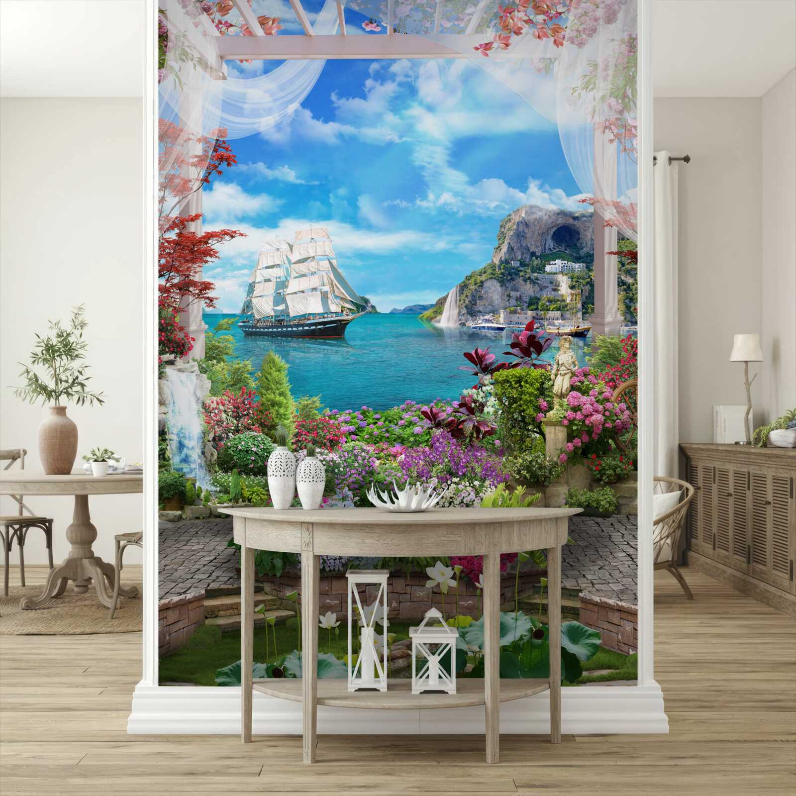 Fototapet din balcon puteți vedea o barcă cu pânze ancorată în port