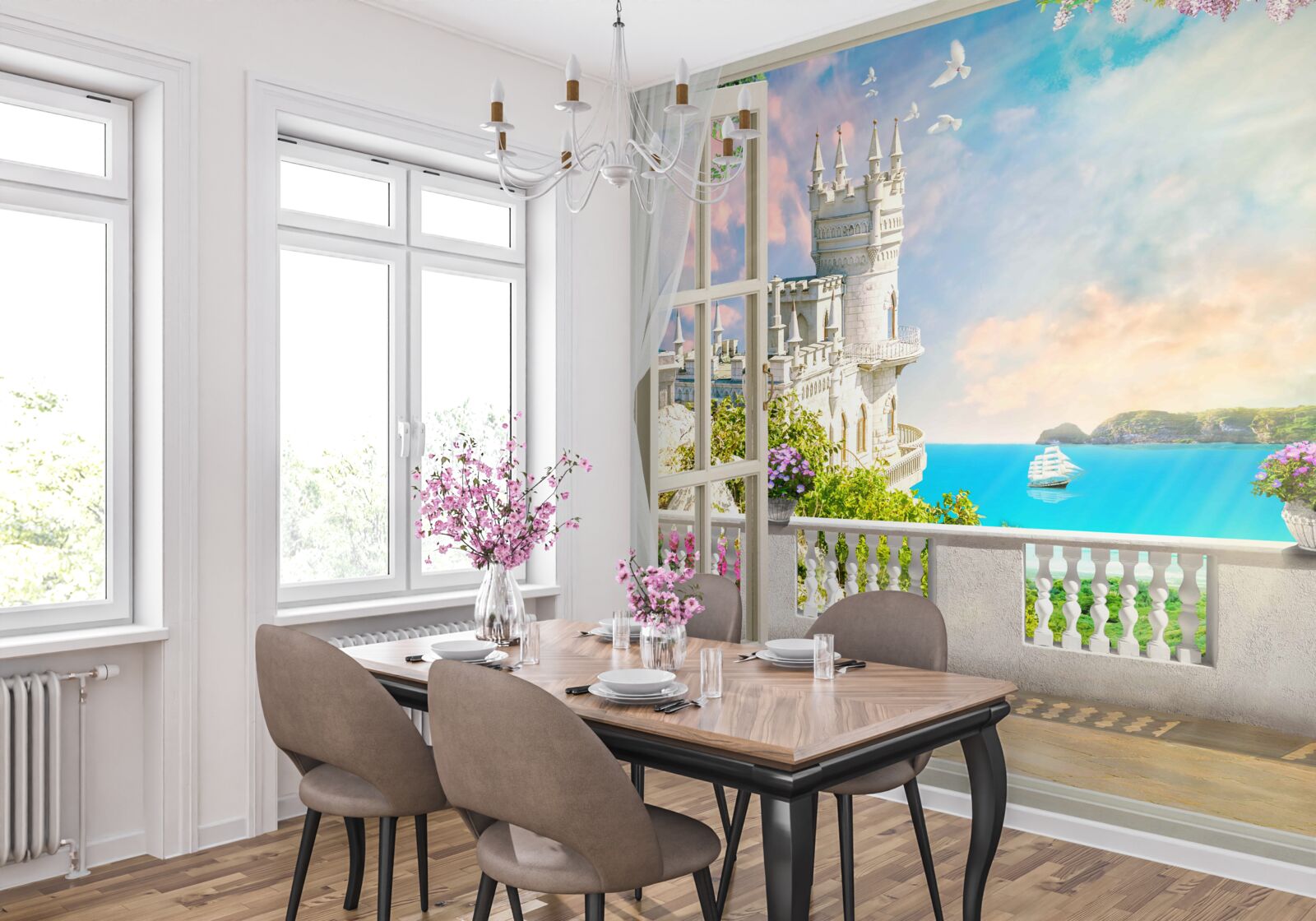 Fototapet terasă lângă castelul swallow's nest pe malul mării