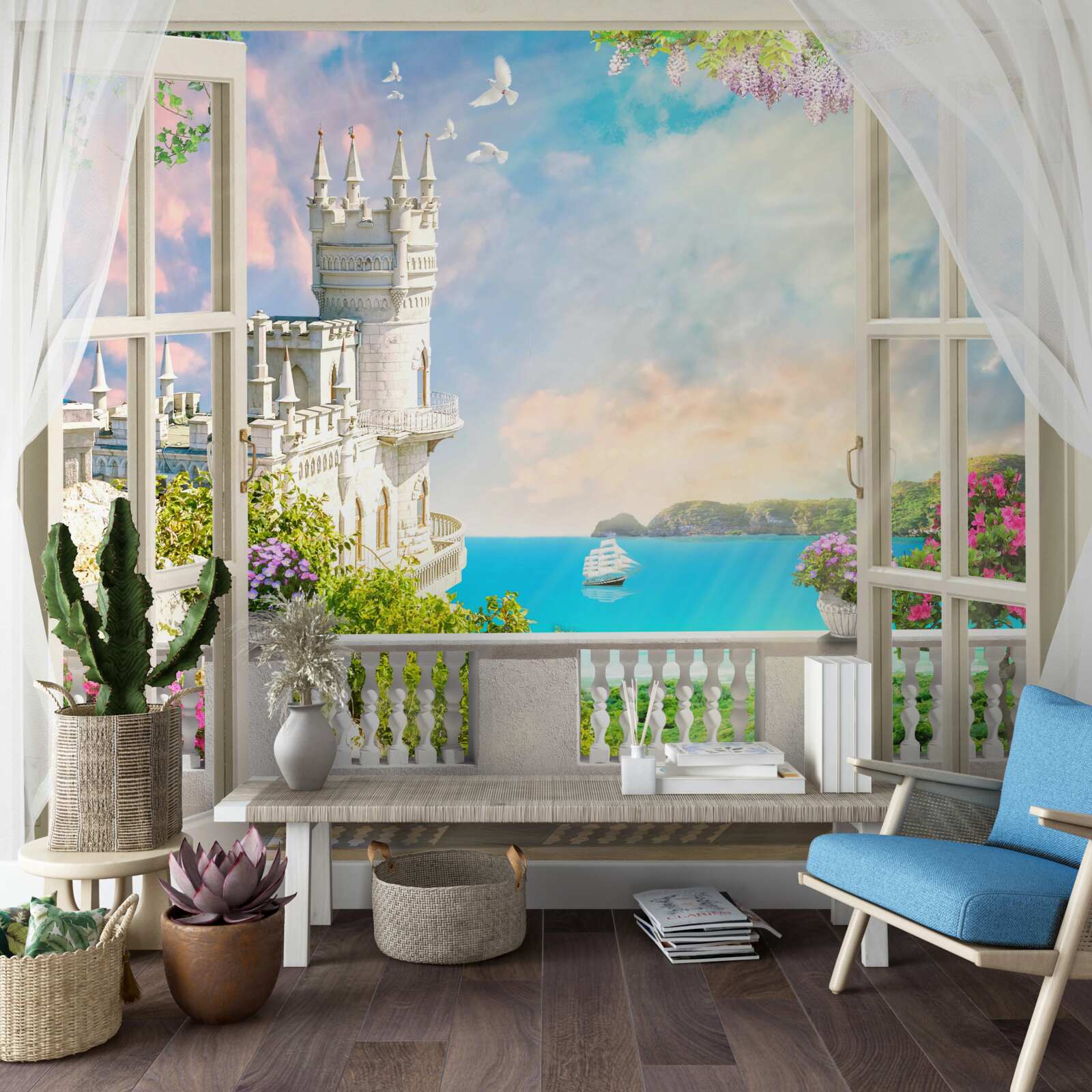 Fototapet terasă lângă castelul swallow's nest pe malul mării