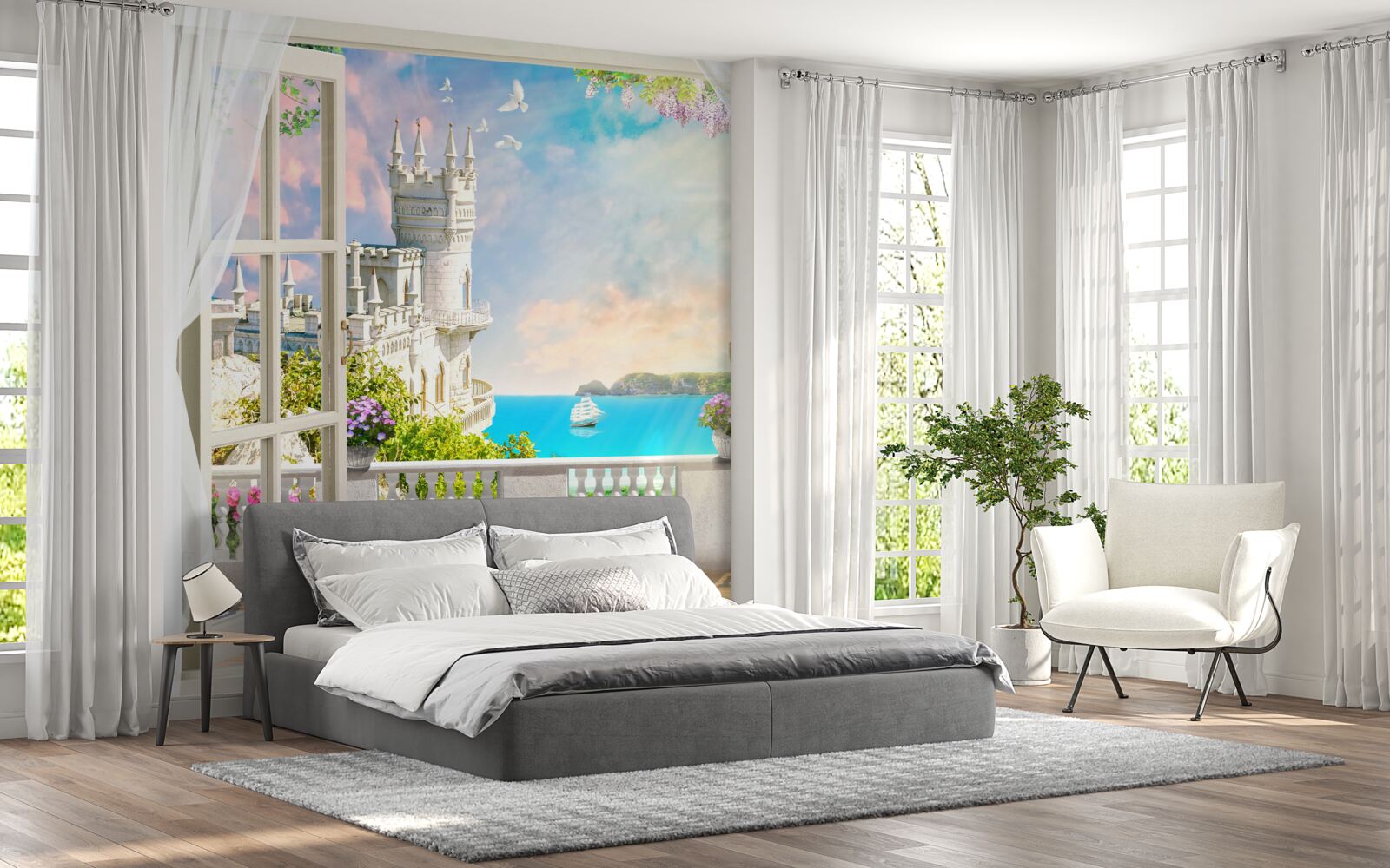 Fototapet terasă lângă castelul swallow's nest pe malul mării