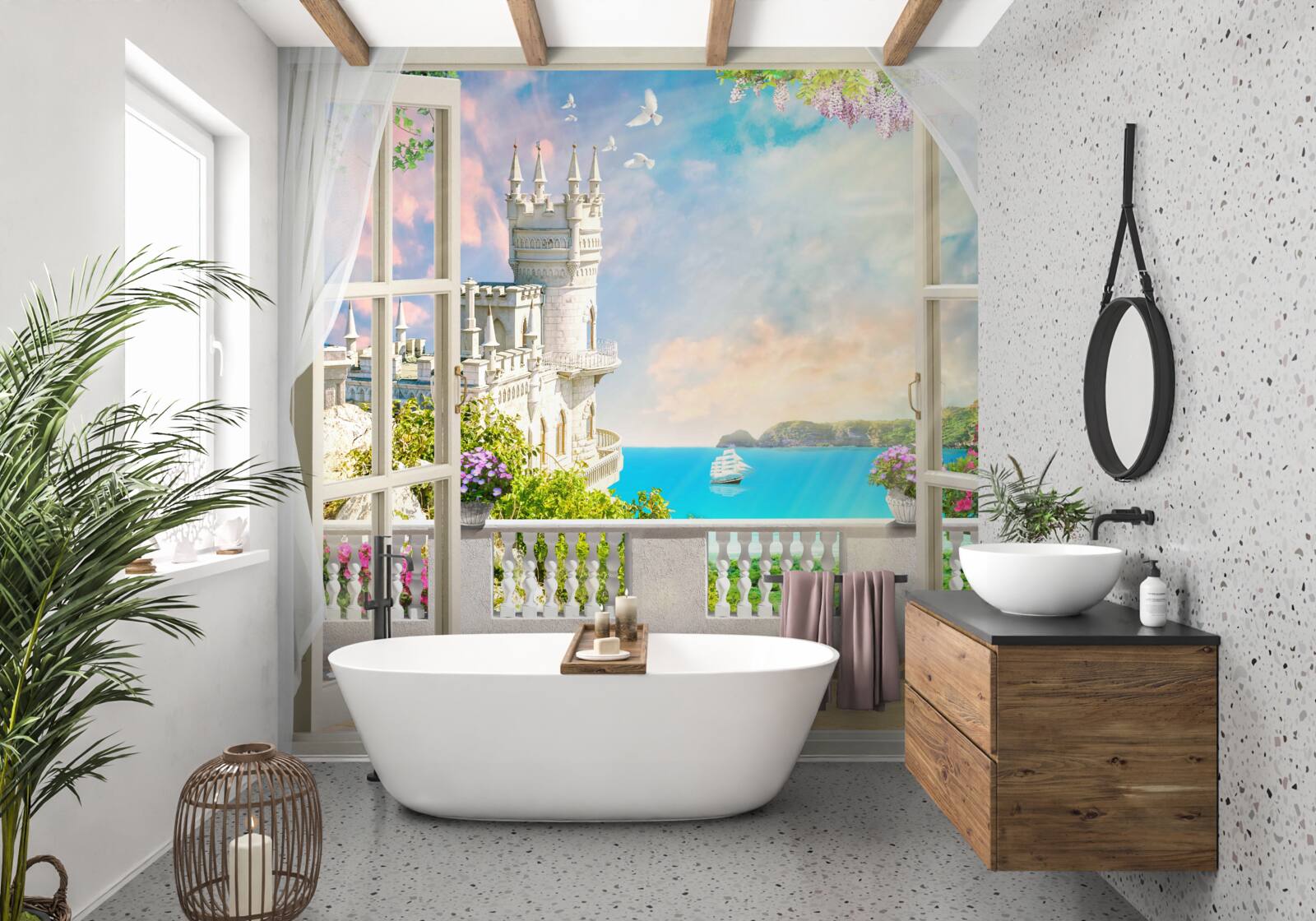 Fototapet terasă lângă castelul swallow's nest pe malul mării