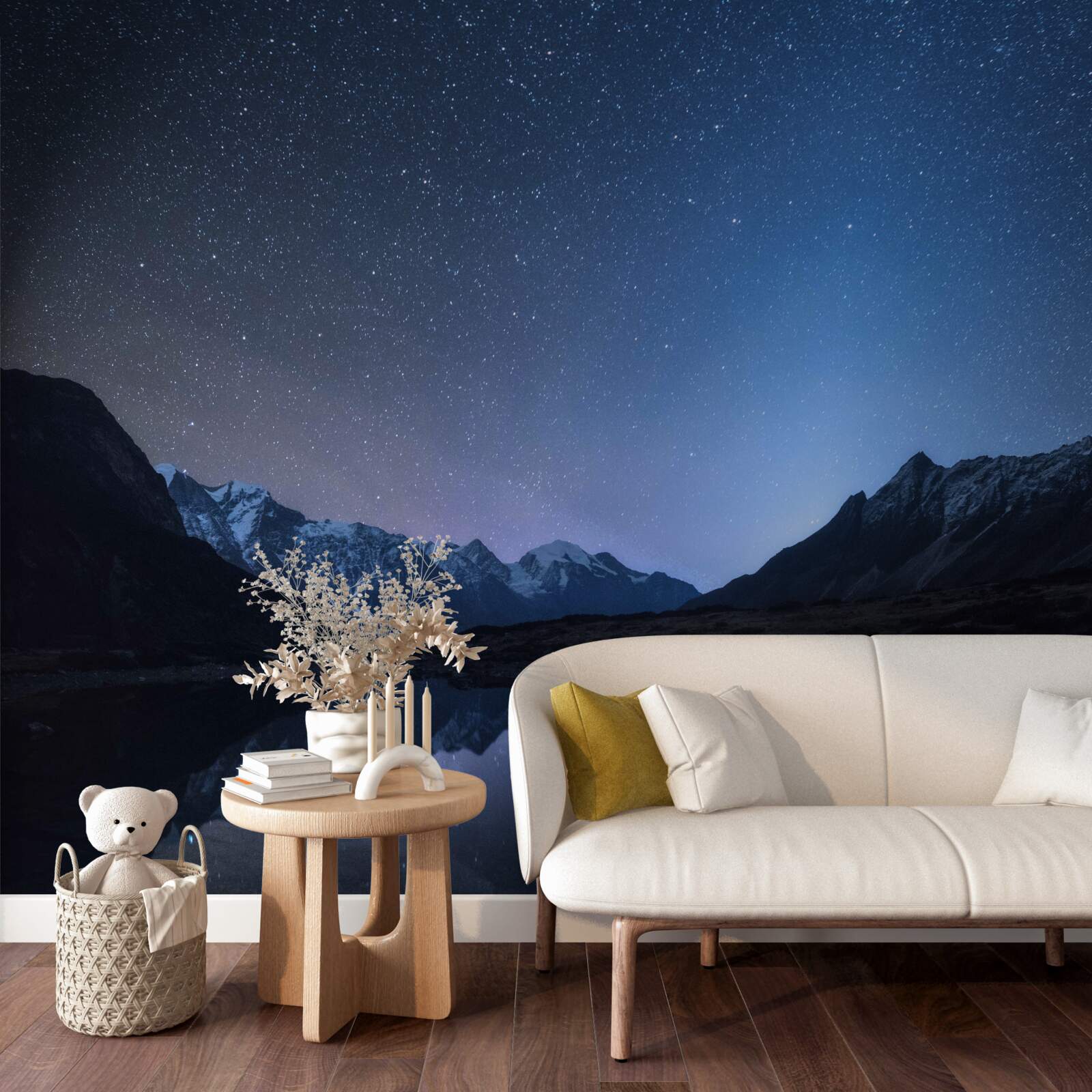 Fototapet cer strălucitor de noapte plin de stele în munții de lângă iaz