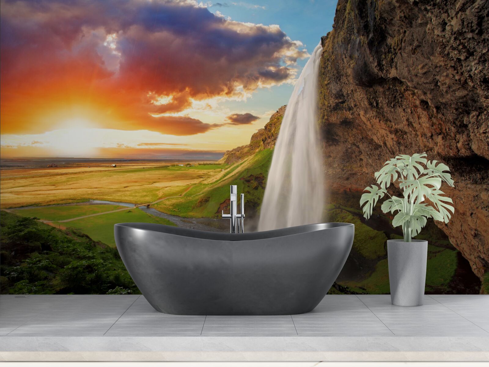 Fototapet pădurea tropicală primește fluxuri de apă de la o cascadă înaltă