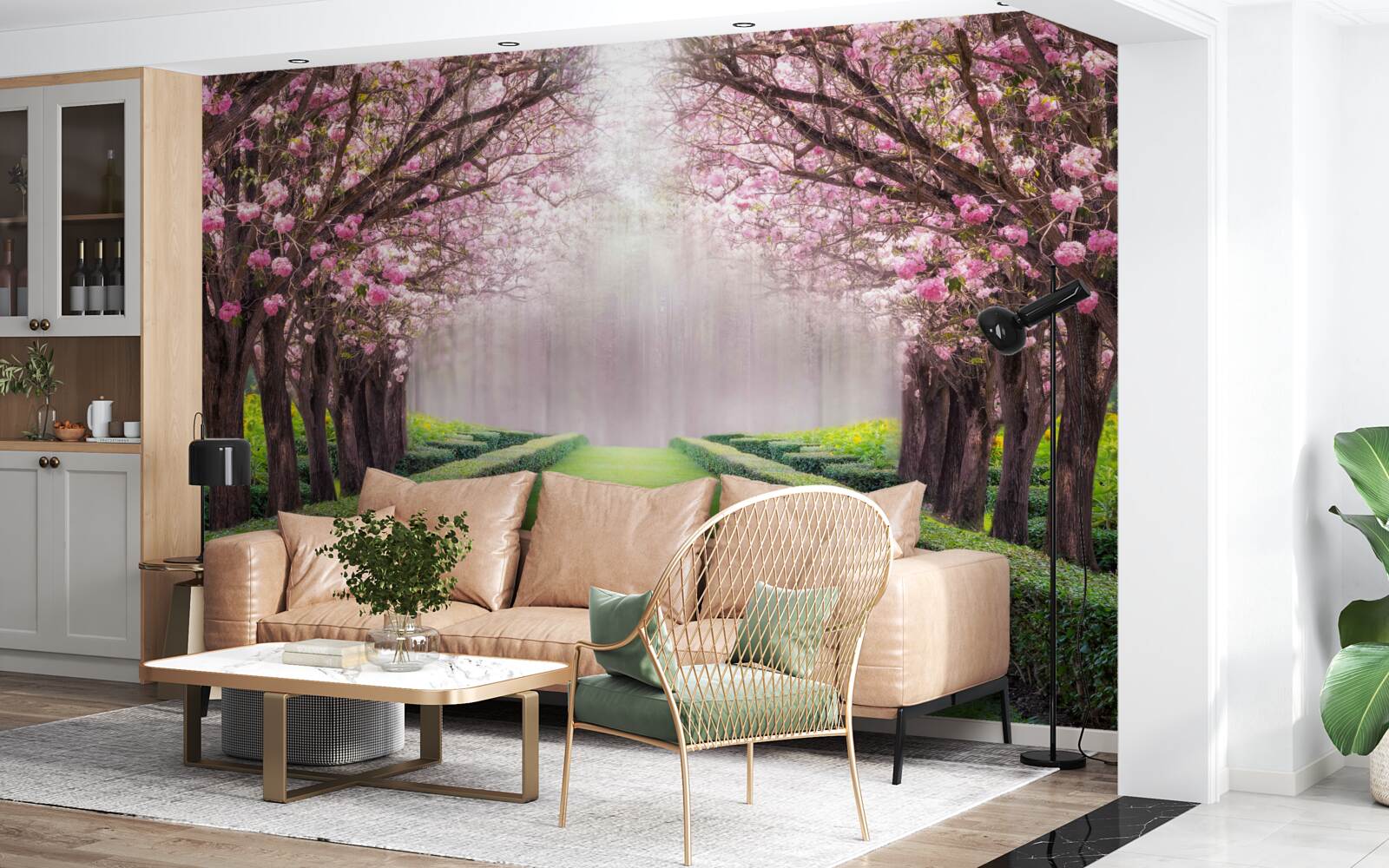 Fototapet bulevard îngrijit cu verdeață și flori de cireș