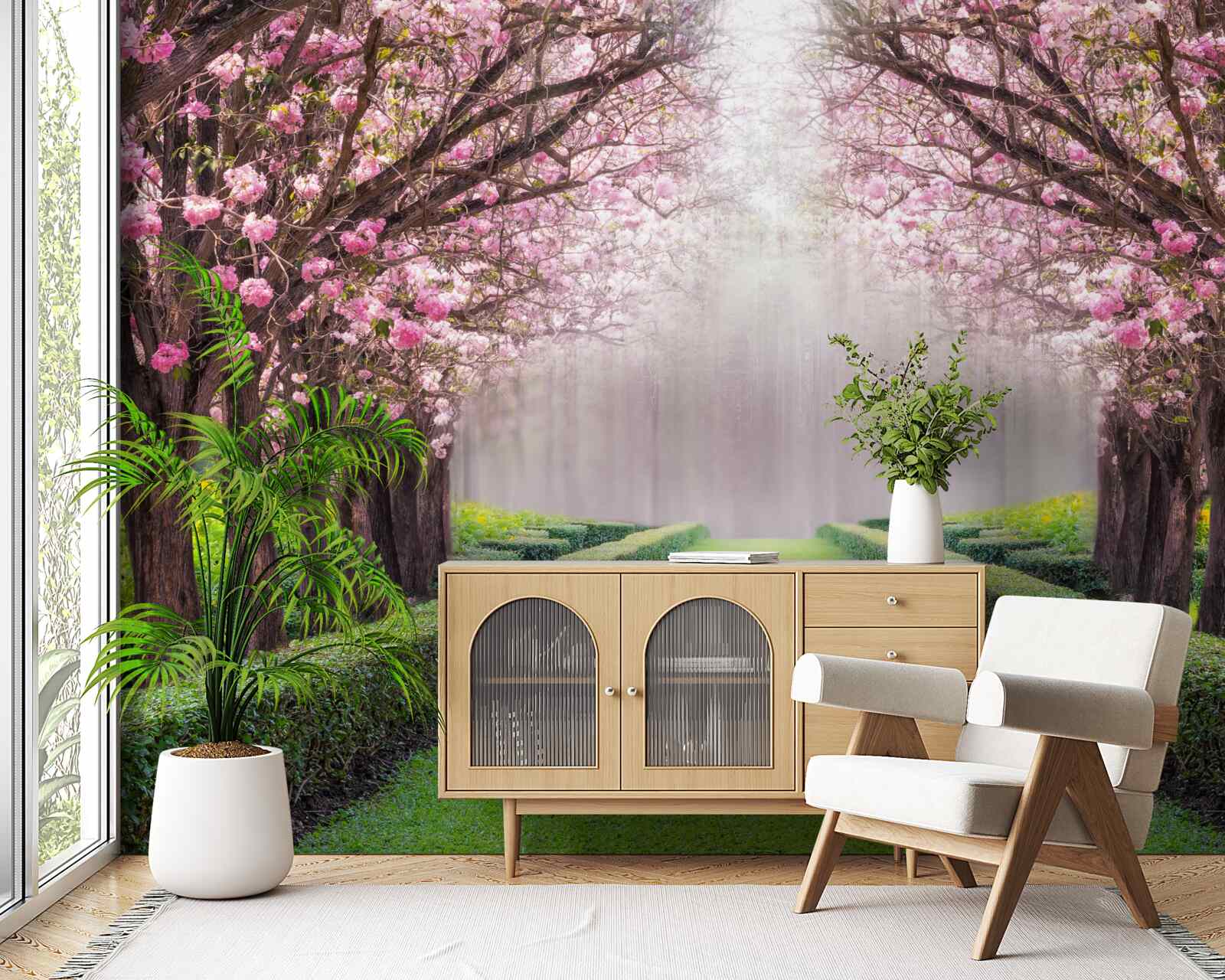 Fototapet bulevard îngrijit cu verdeață și flori de cireș