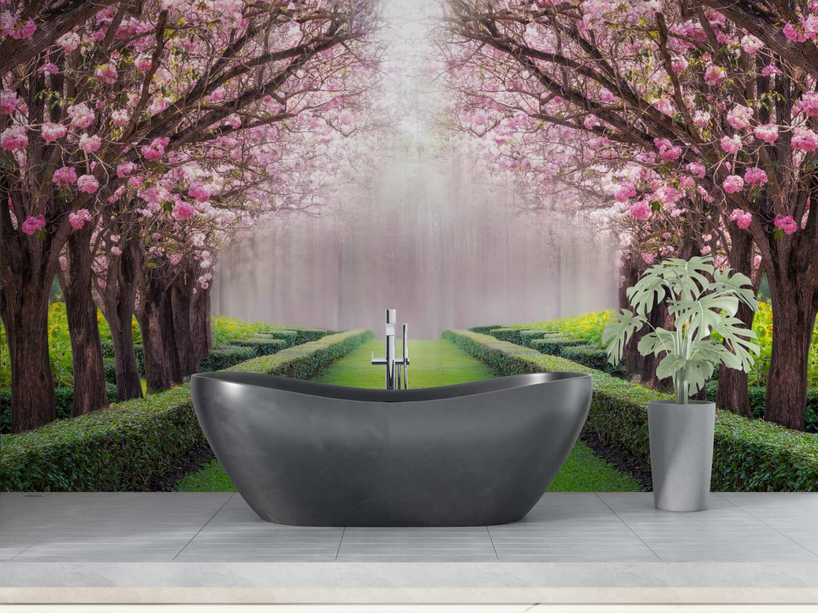 Fototapet bulevard îngrijit cu verdeață și flori de cireș