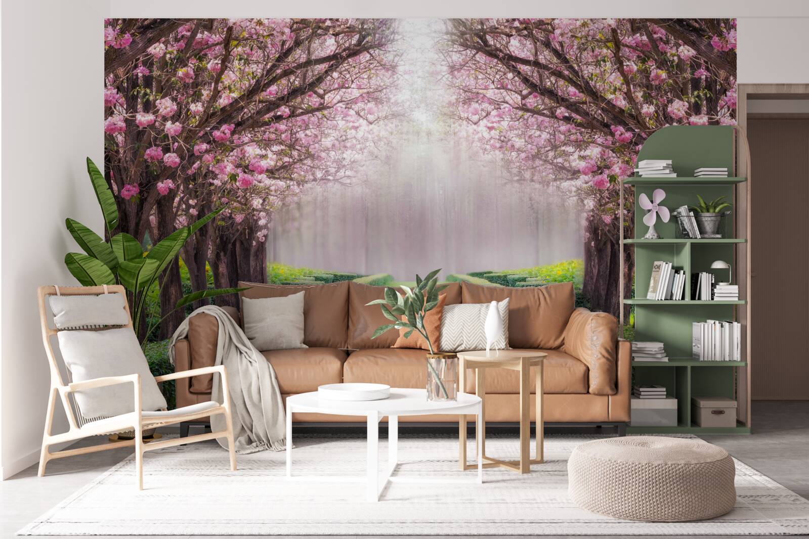 Fototapet bulevard îngrijit cu verdeață și flori de cireș