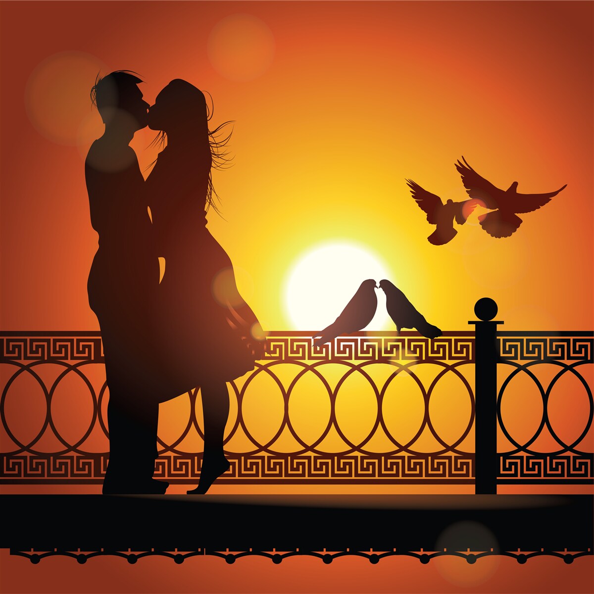 Fototapet îndrăgostiții fac schimb de sărutări pe fundalul apusului de soare