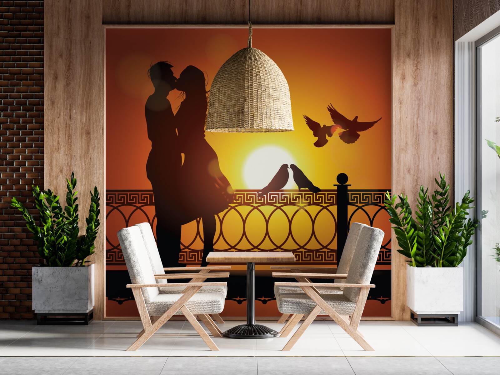 Fototapet îndrăgostiții fac schimb de sărutări pe fundalul apusului de soare