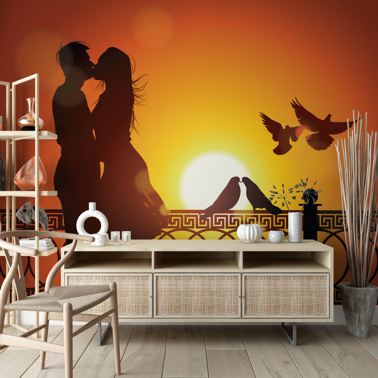 Fototapet îndrăgostiții fac schimb de sărutări pe fundalul apusului de soare