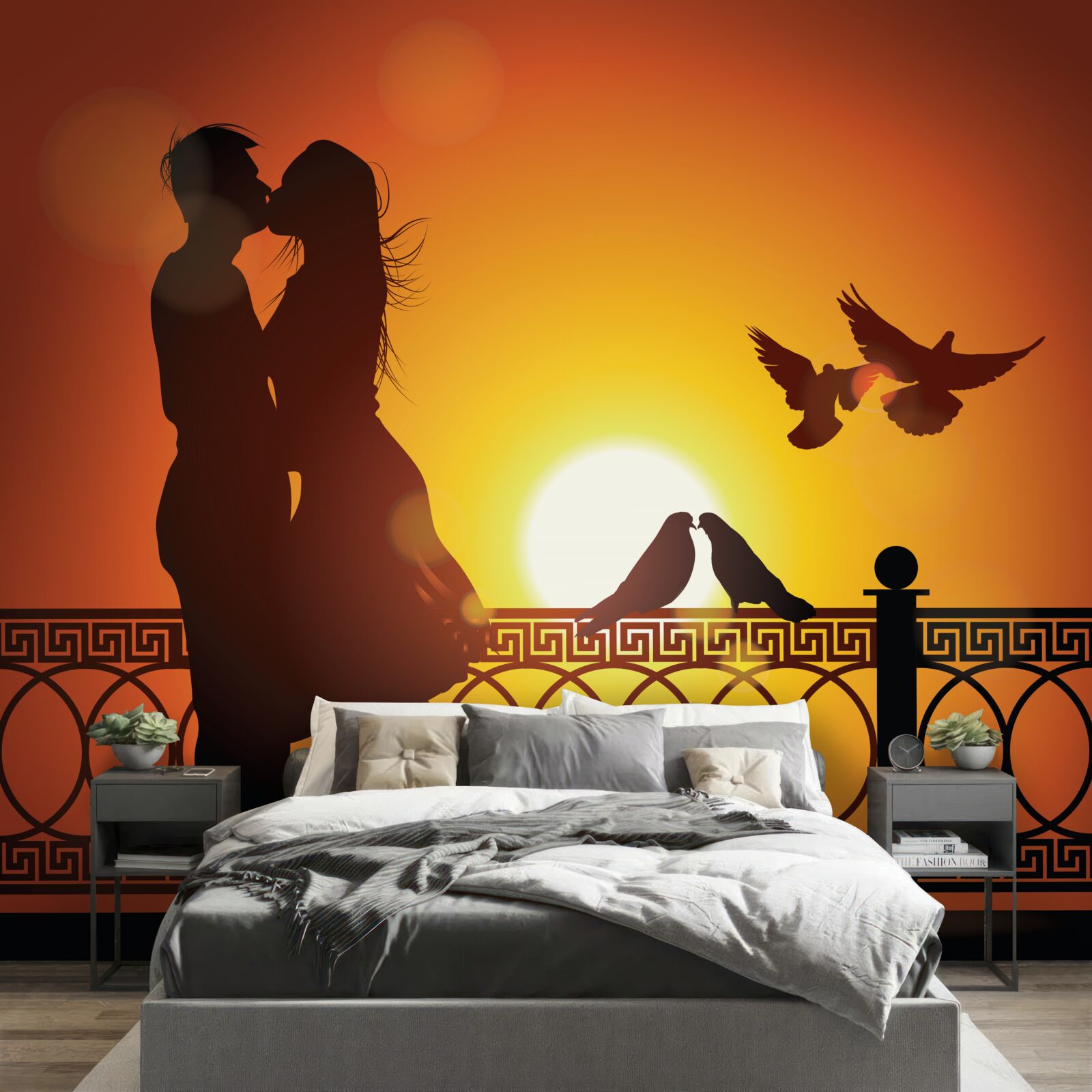 Fototapet îndrăgostiții fac schimb de sărutări pe fundalul apusului de soare