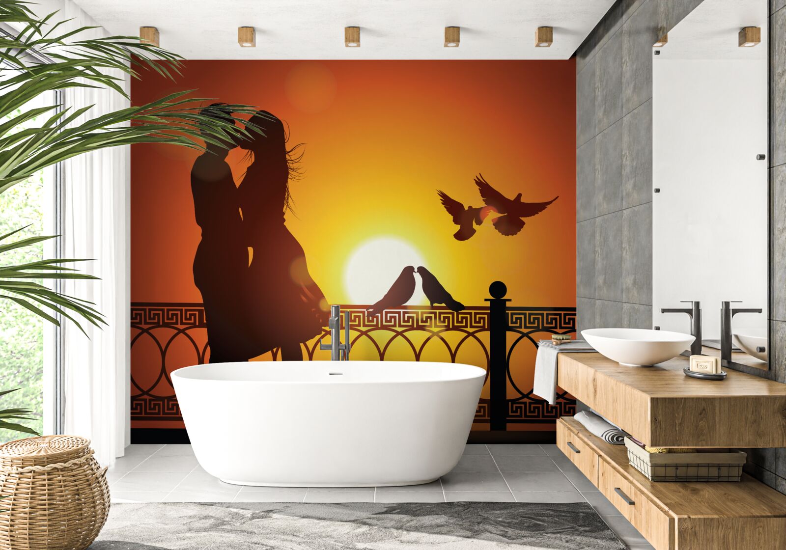 Fototapet îndrăgostiții fac schimb de sărutări pe fundalul apusului de soare