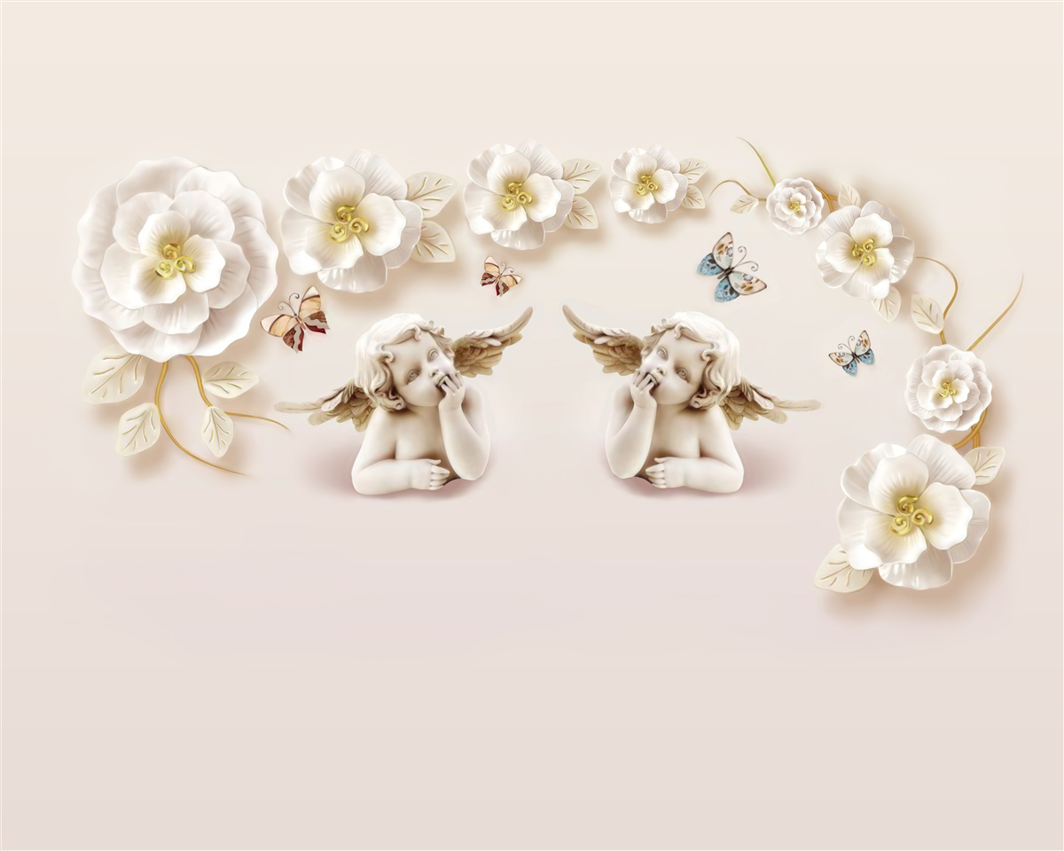 Fototapet compoziție de fluturi și muguri albi