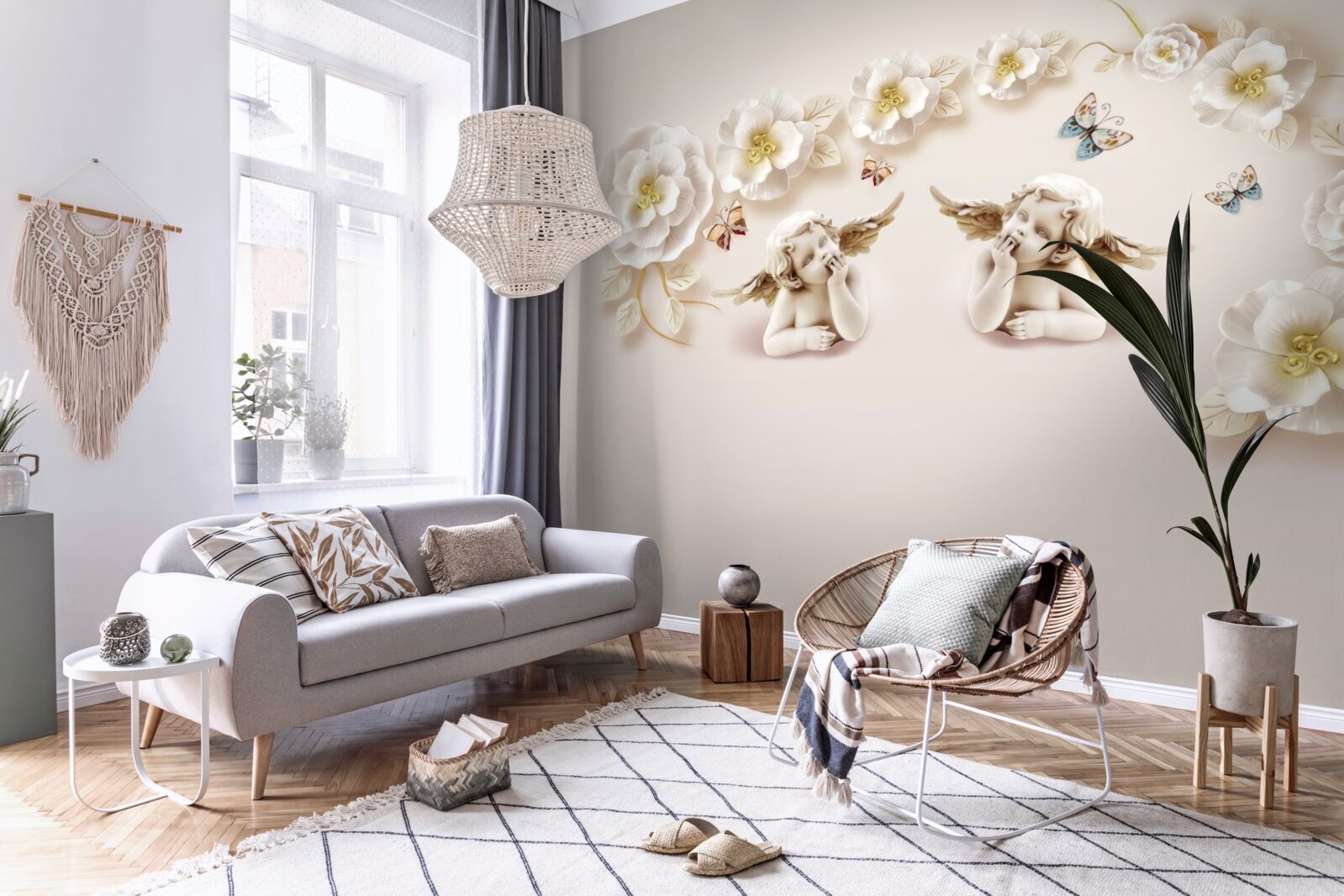 Fototapet compoziție de fluturi și muguri albi