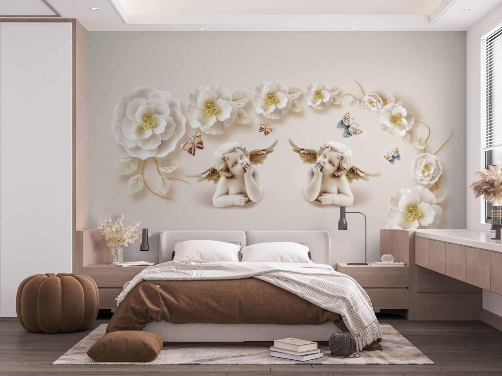 Fototapet compoziție de fluturi și muguri albi