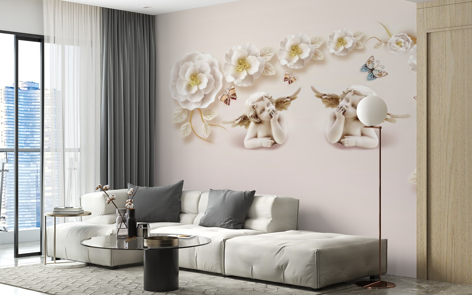 Fototapet compoziție de fluturi și muguri albi