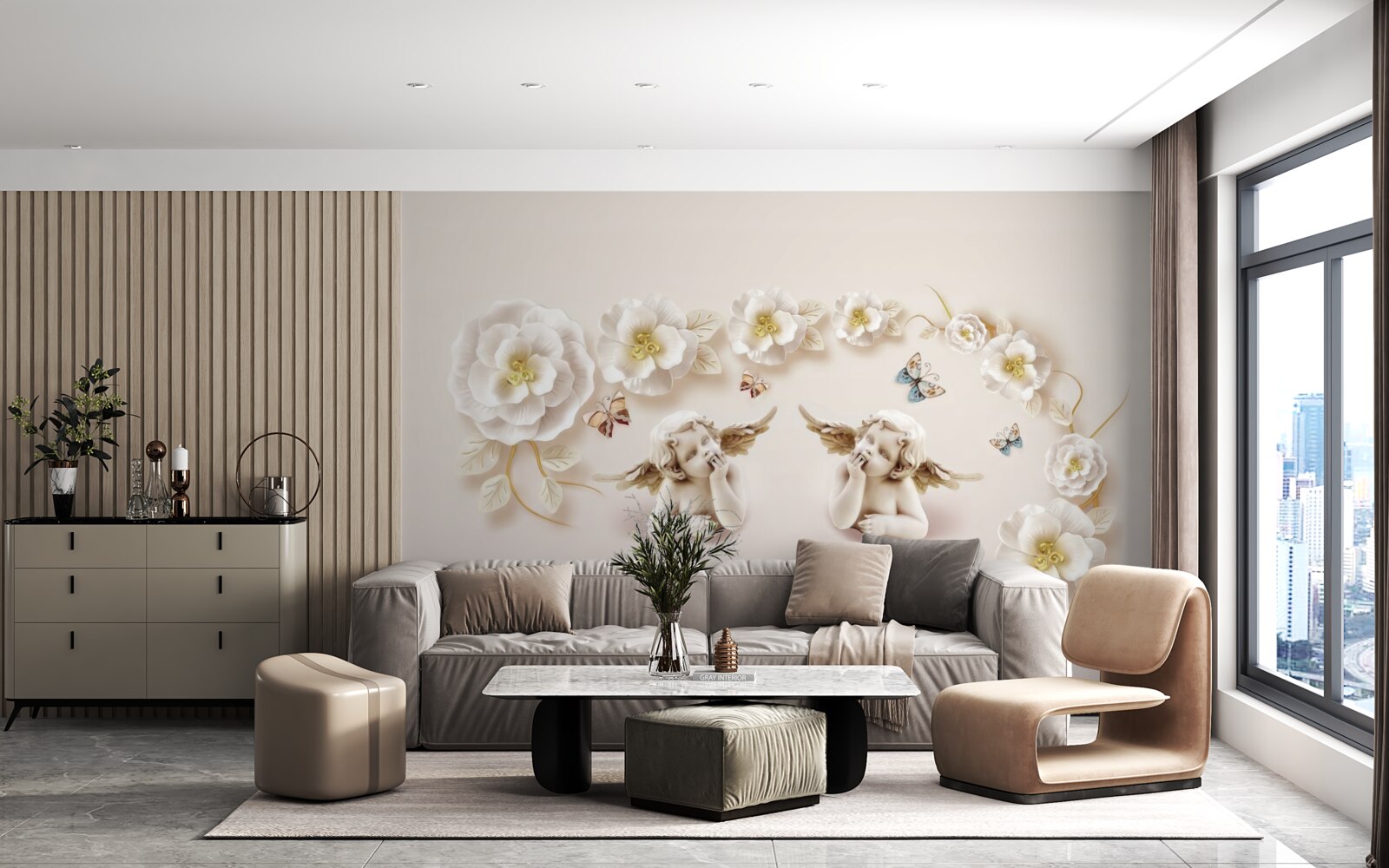 Fototapet compoziție de fluturi și muguri albi