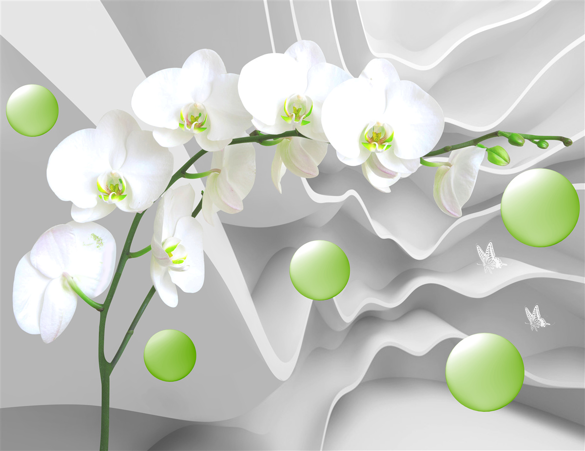Fototapet bile verzi plutitoare în secret și orhidee palide