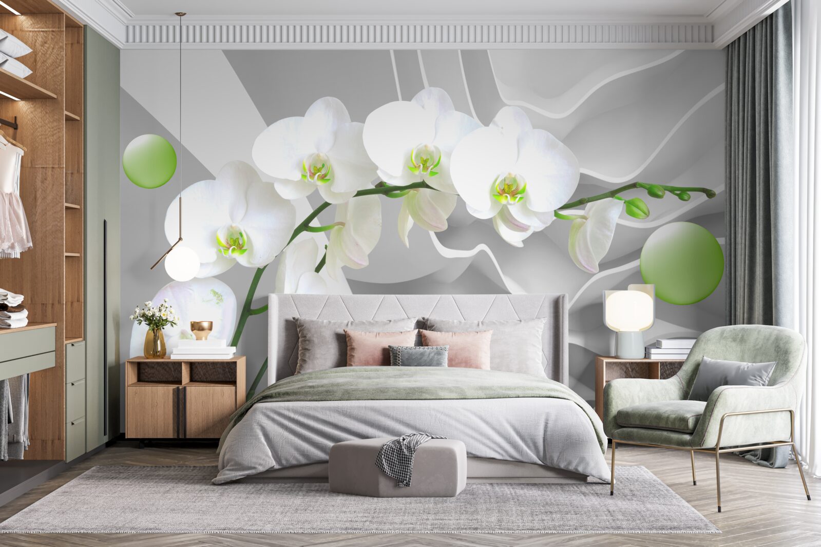 Fototapet bile verzi plutitoare în secret și orhidee palide