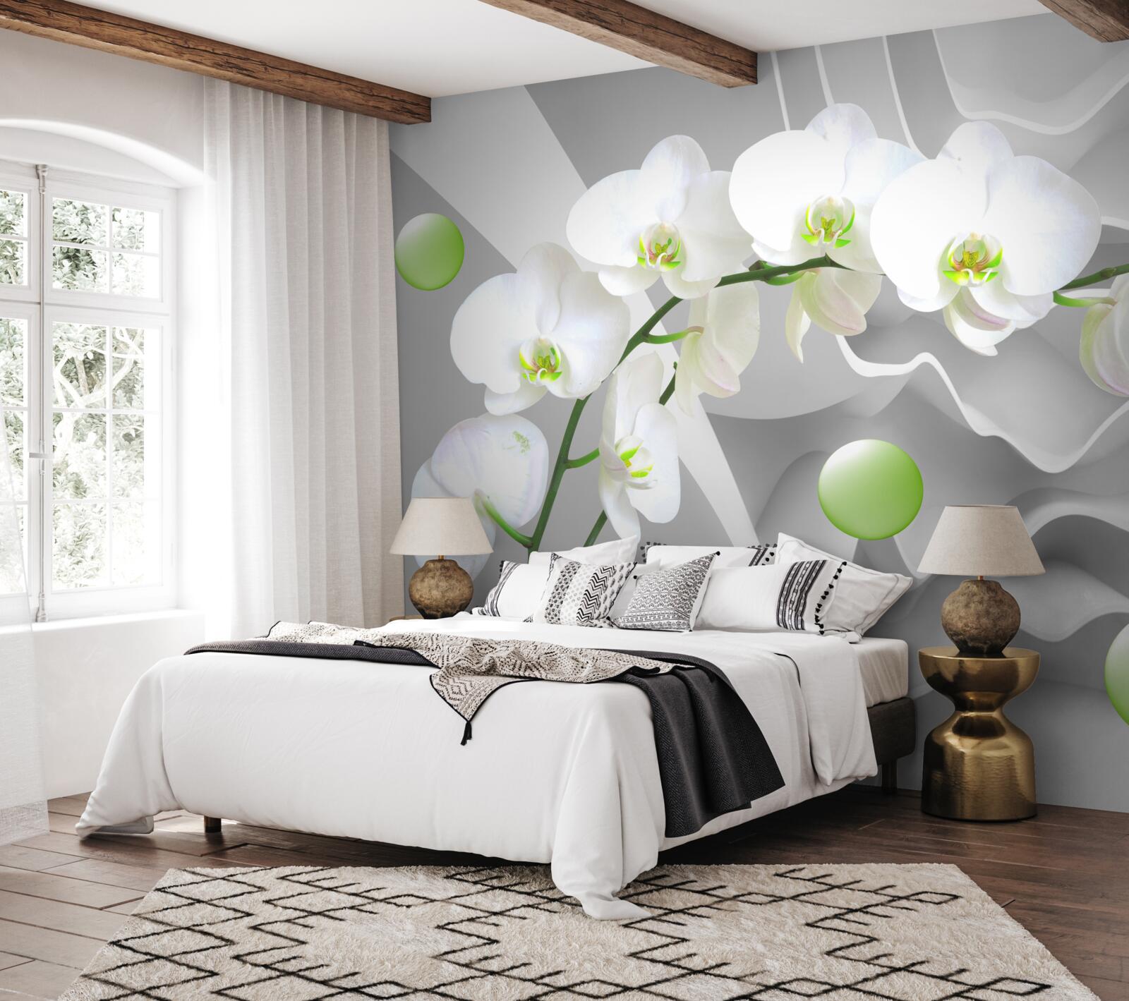 Fototapet bile verzi plutitoare în secret și orhidee palide