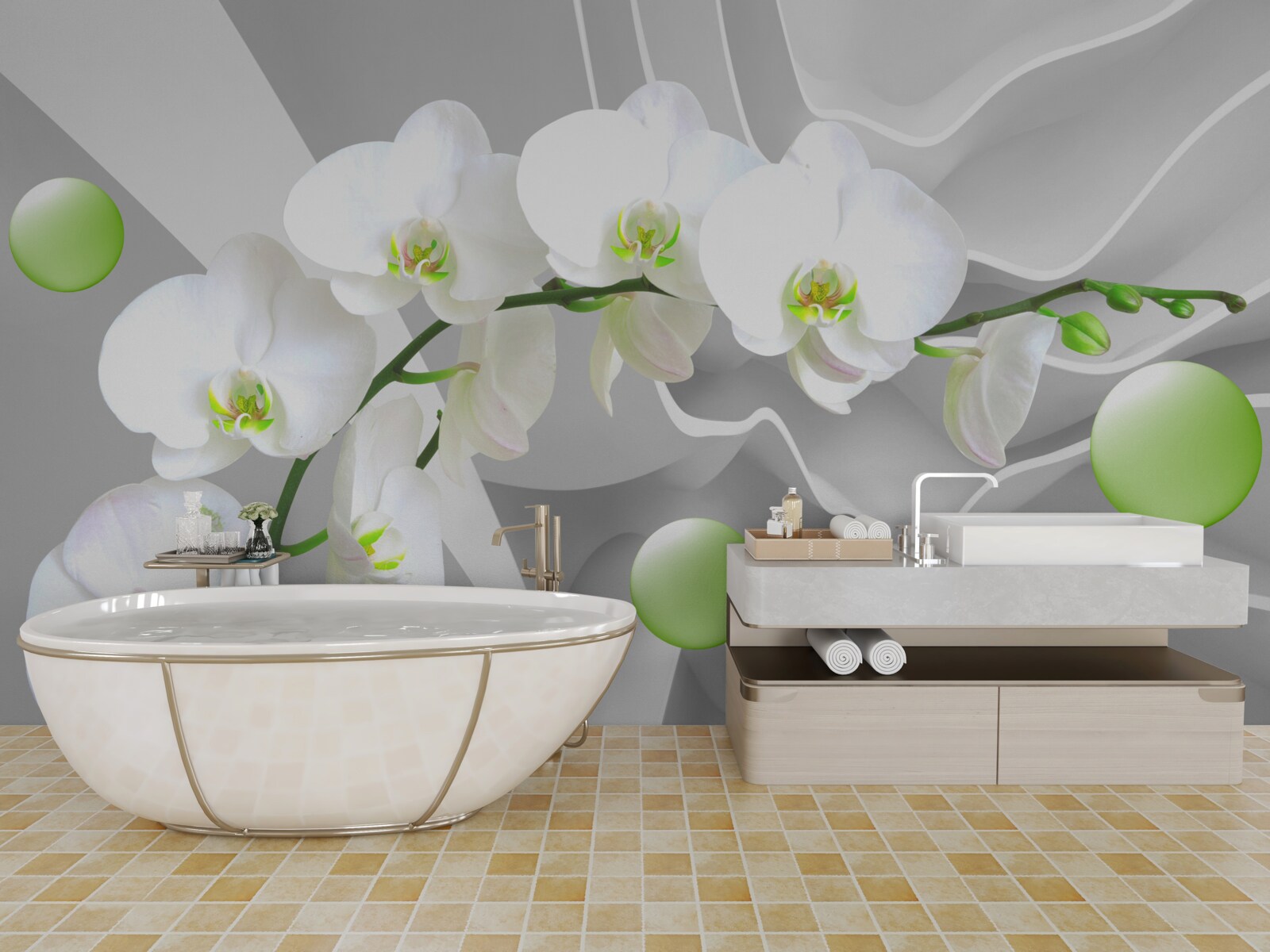 Fototapet bile verzi plutitoare în secret și orhidee palide